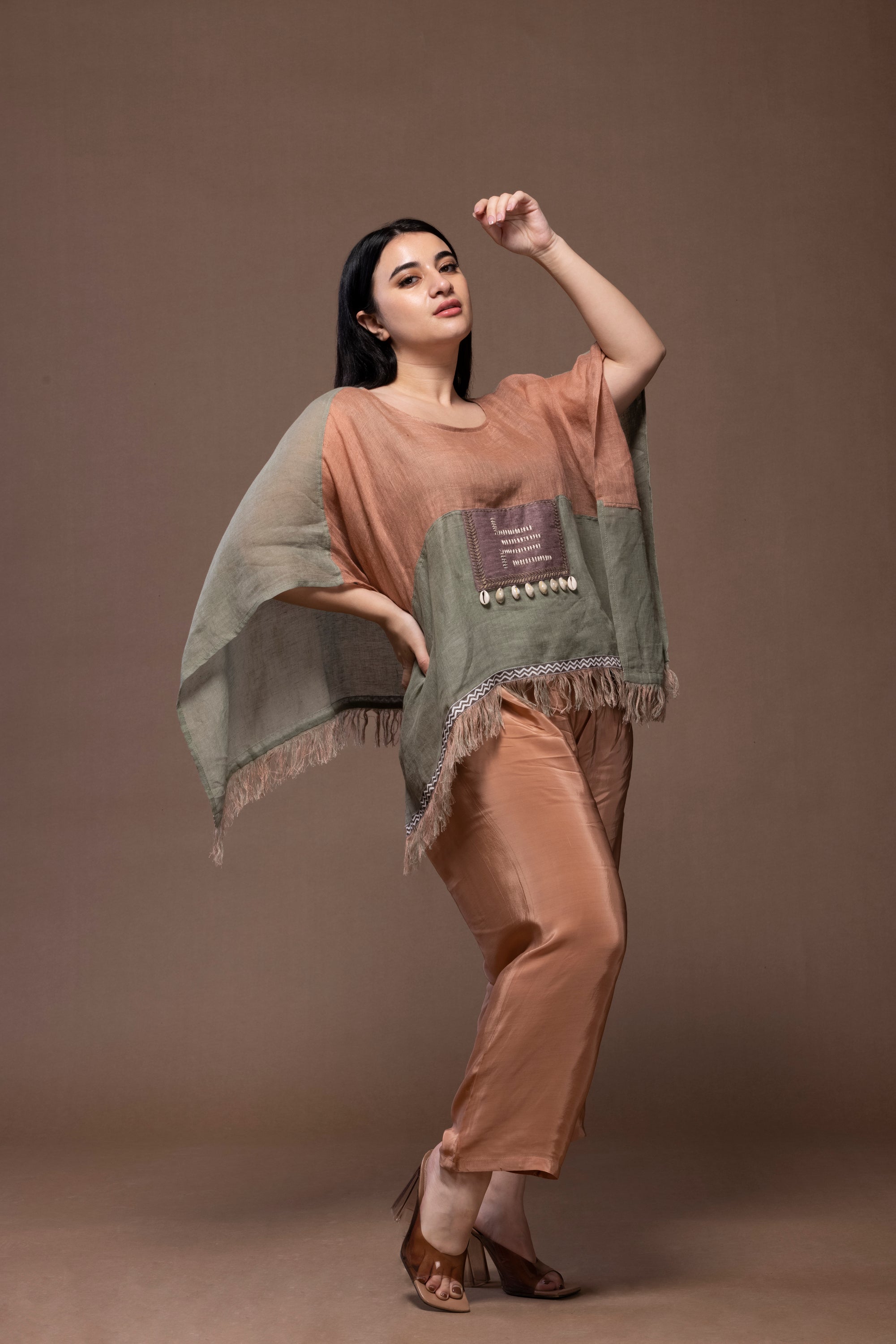 Sea Shell Embellished Multicolor Top – Handcrafted Linen Elegance | VIVIR