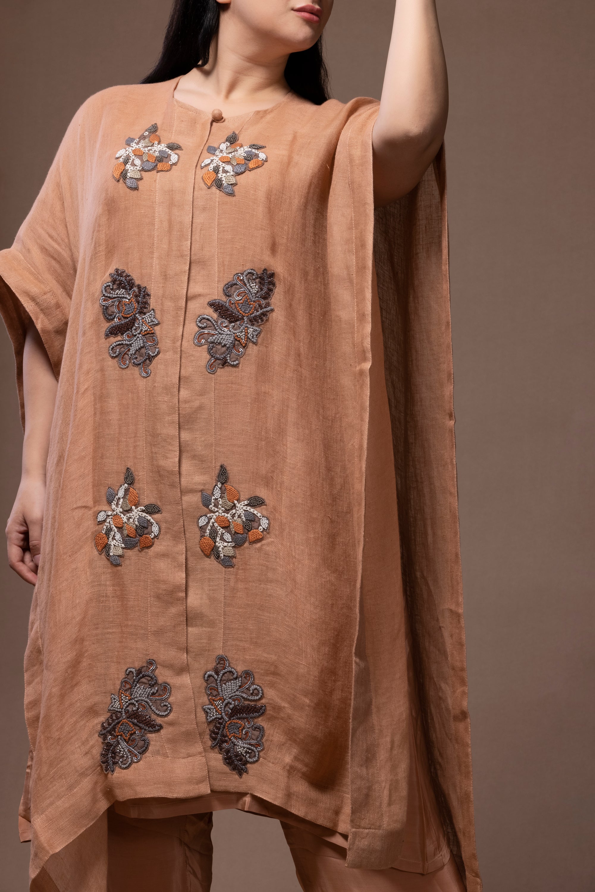 Mughal Motives Kaftan Button-Up Dress Set – Elegant & Timeless Linen Wear | VIVIR ( 3PC Set )