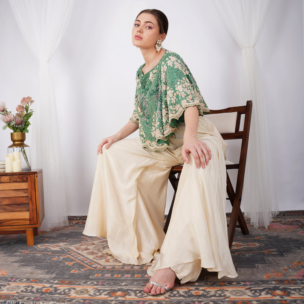 Emerald Green Pearl-Embroidered Zardozi Cape