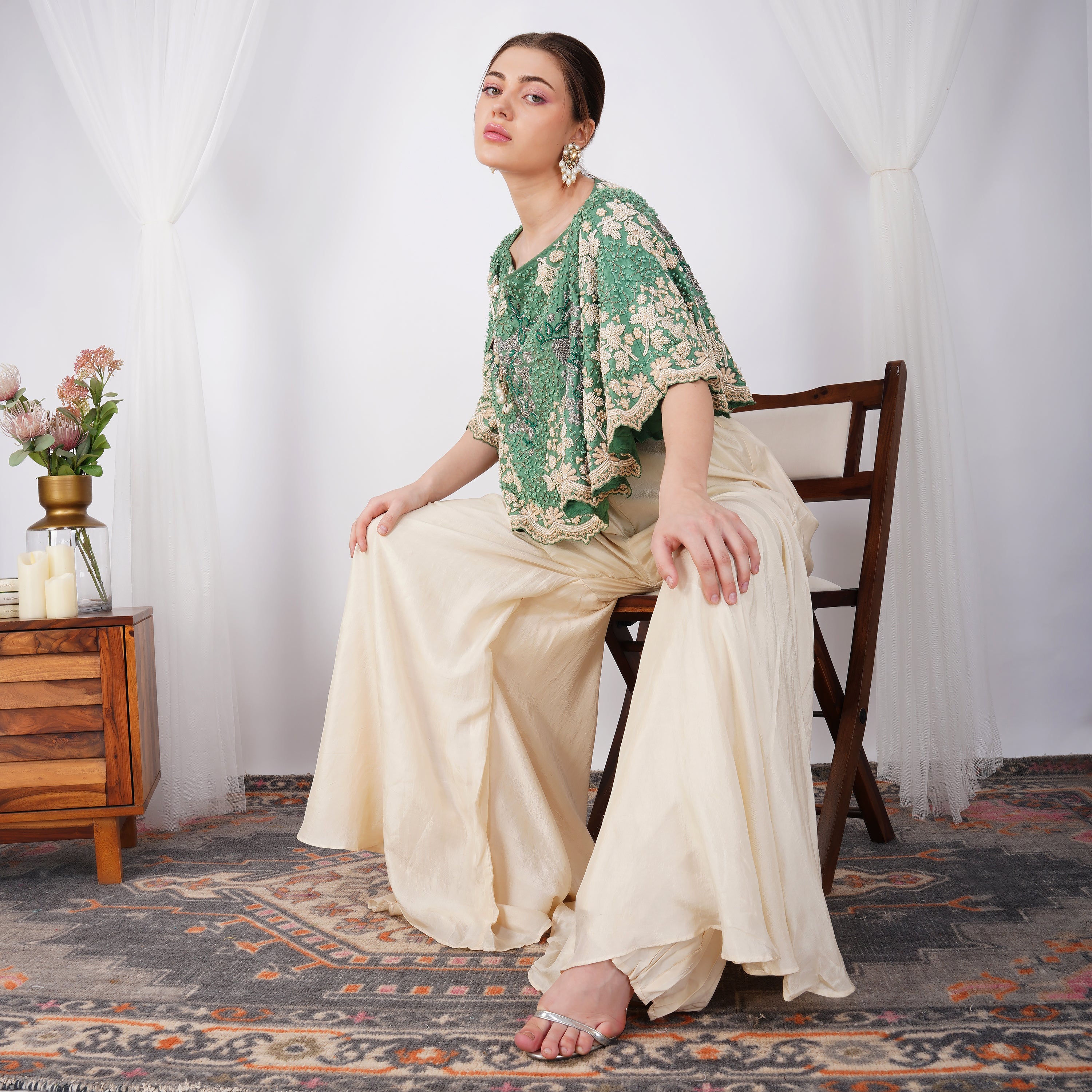 Emerald Green Pearl-Embroidered Zardozi Cape