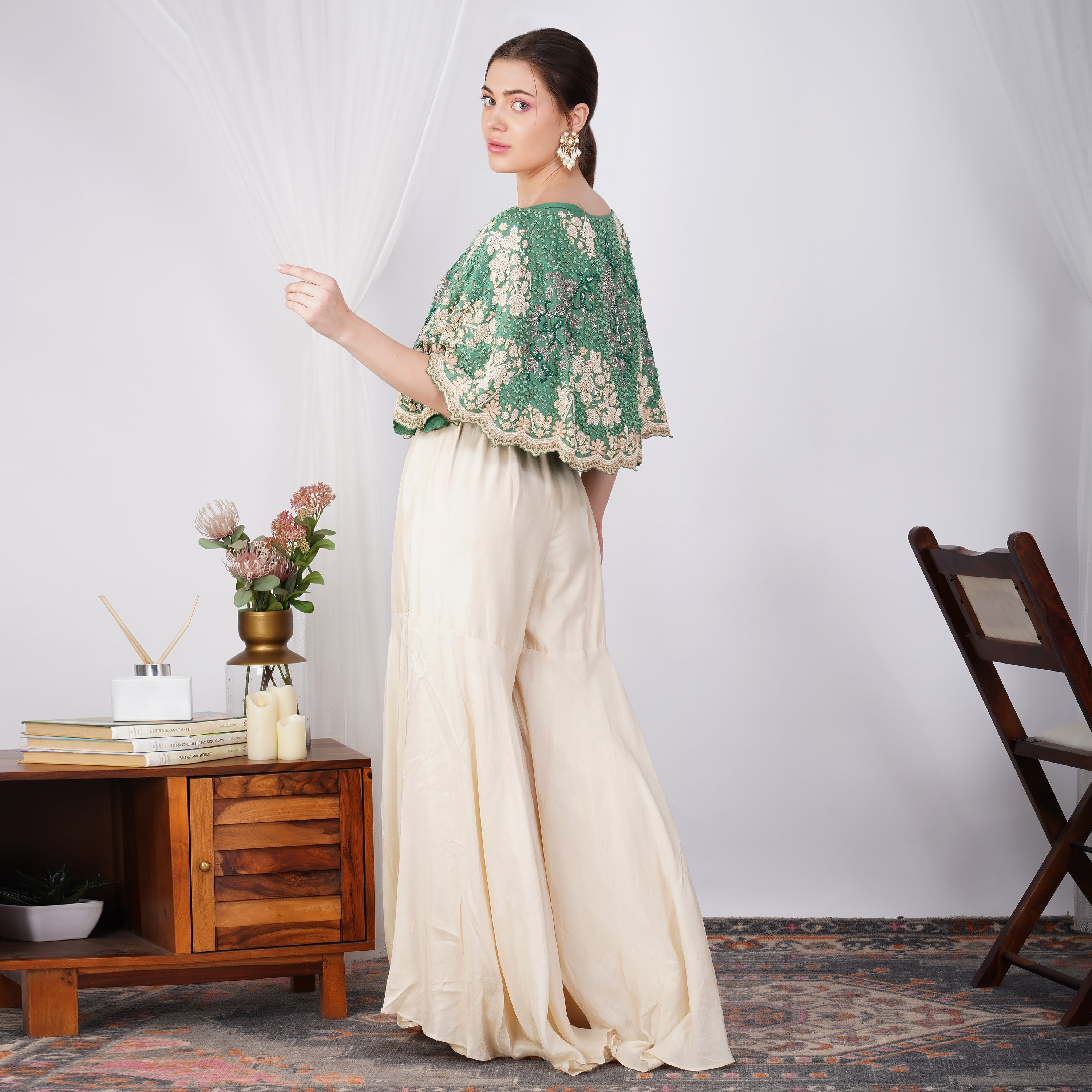 Emerald Green Pearl-Embroidered Zardozi Cape