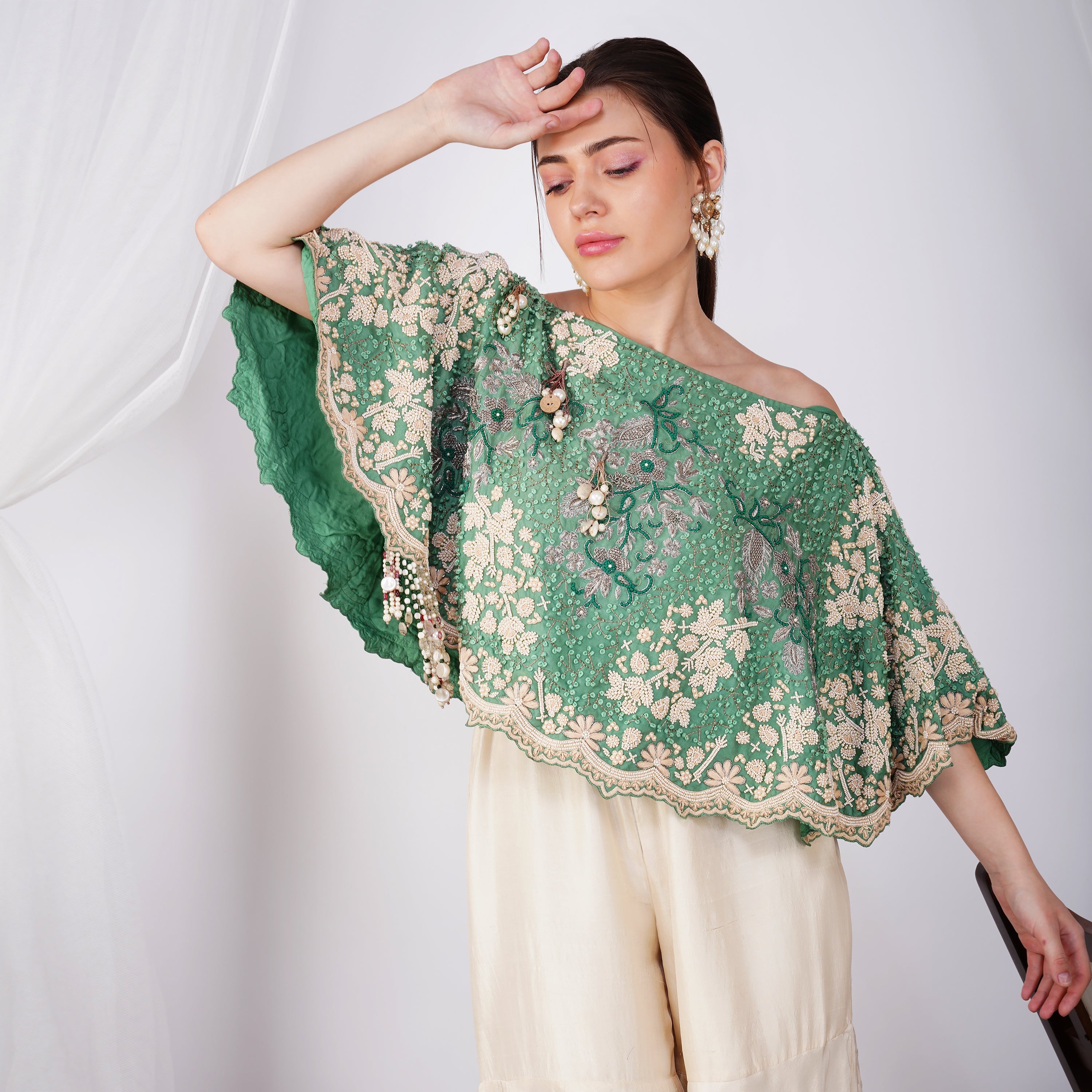 Emerald Green Pearl-Embroidered Zardozi Cape