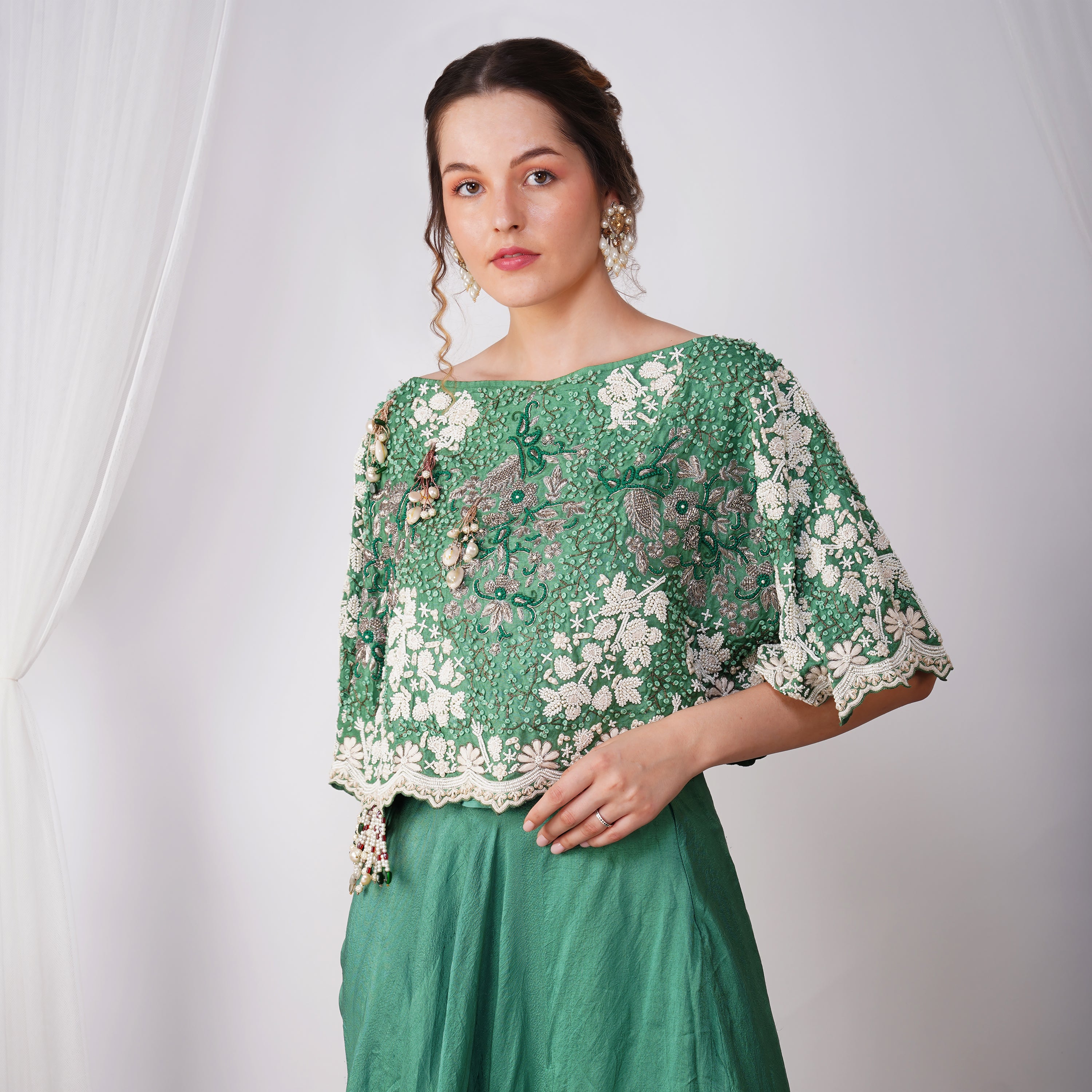 Emerald Green Pearl-Embroidered Zardozi Cape
