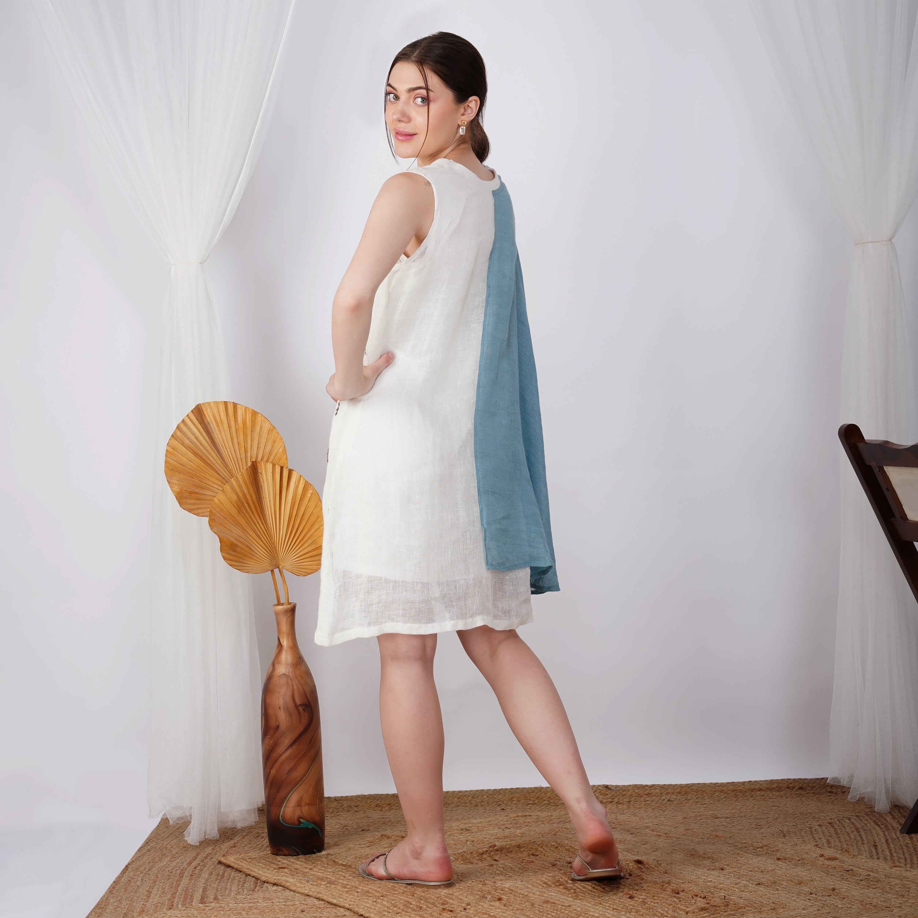 Geometric Embroidery One-Sleeve Dress – Luxe Handcrafted Linen | VIVIR