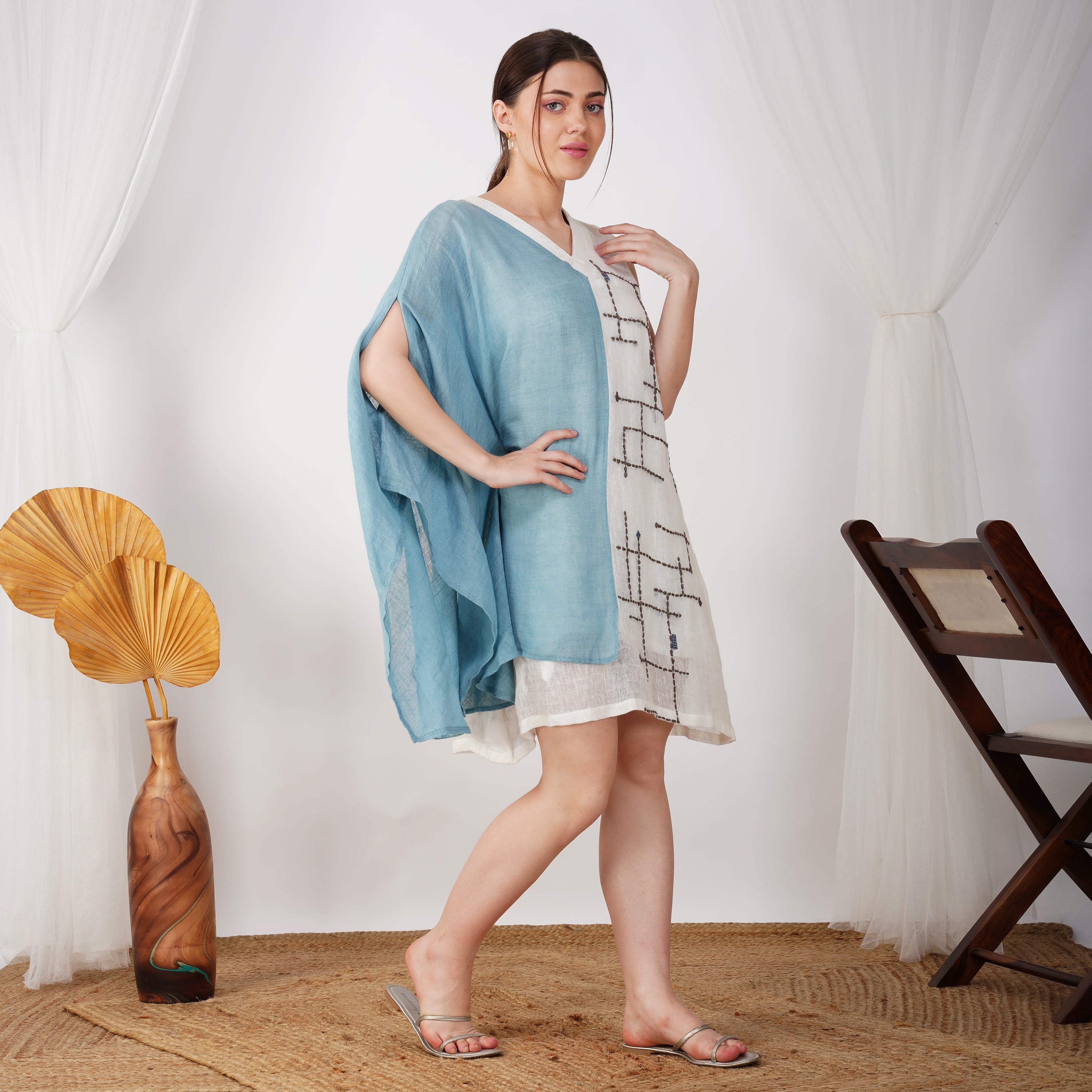 Geometric Embroidery One-Sleeve Dress – Luxe Handcrafted Linen | VIVIR