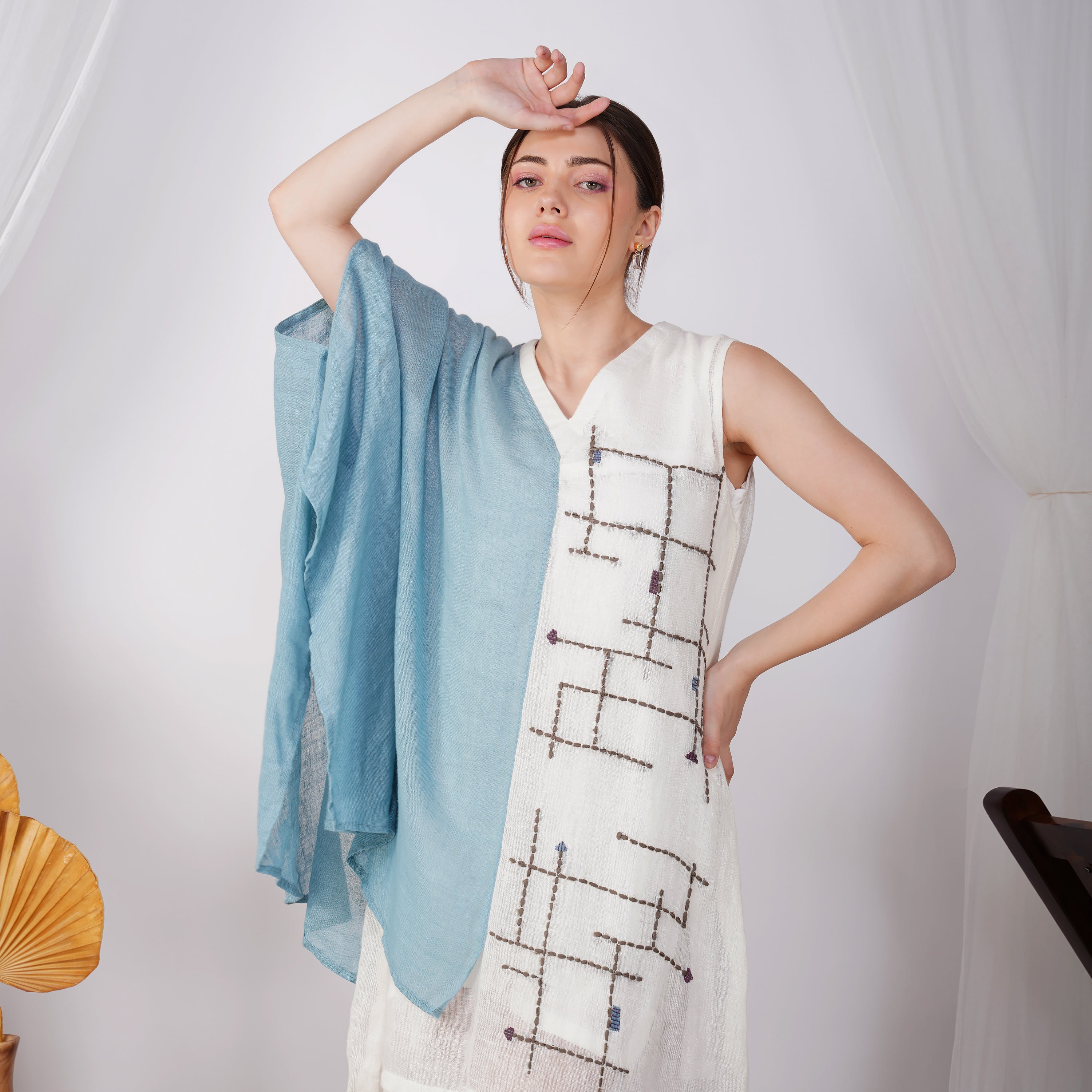 Geometric Embroidery One-Sleeve Dress – Luxe Handcrafted Linen | VIVIR