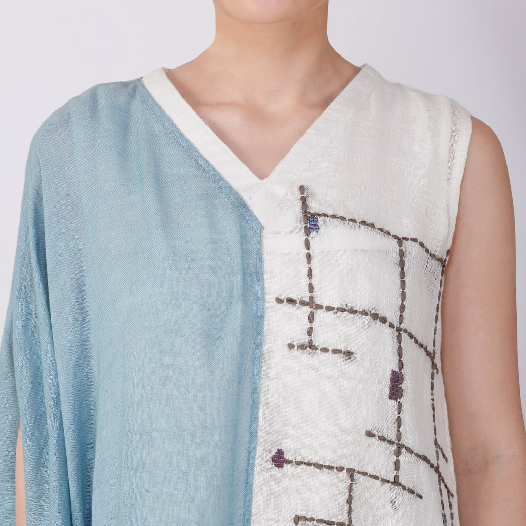 Geometric Embroidery One-Sleeve Dress – Luxe Handcrafted Linen | VIVIR