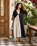Jamdani Mandarin Collar Threadwork Kurta White & Black