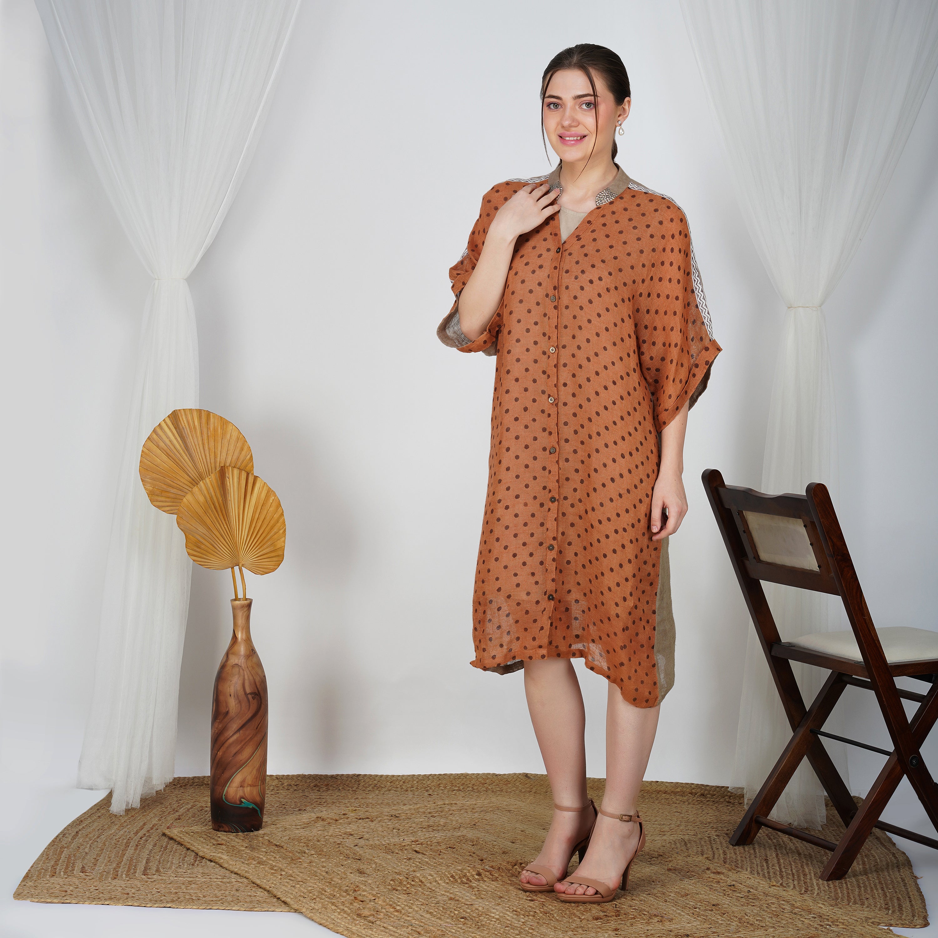 Polka Dot Tunic with Contrast Panels – Stylish Handcrafted Linen | VIVIR