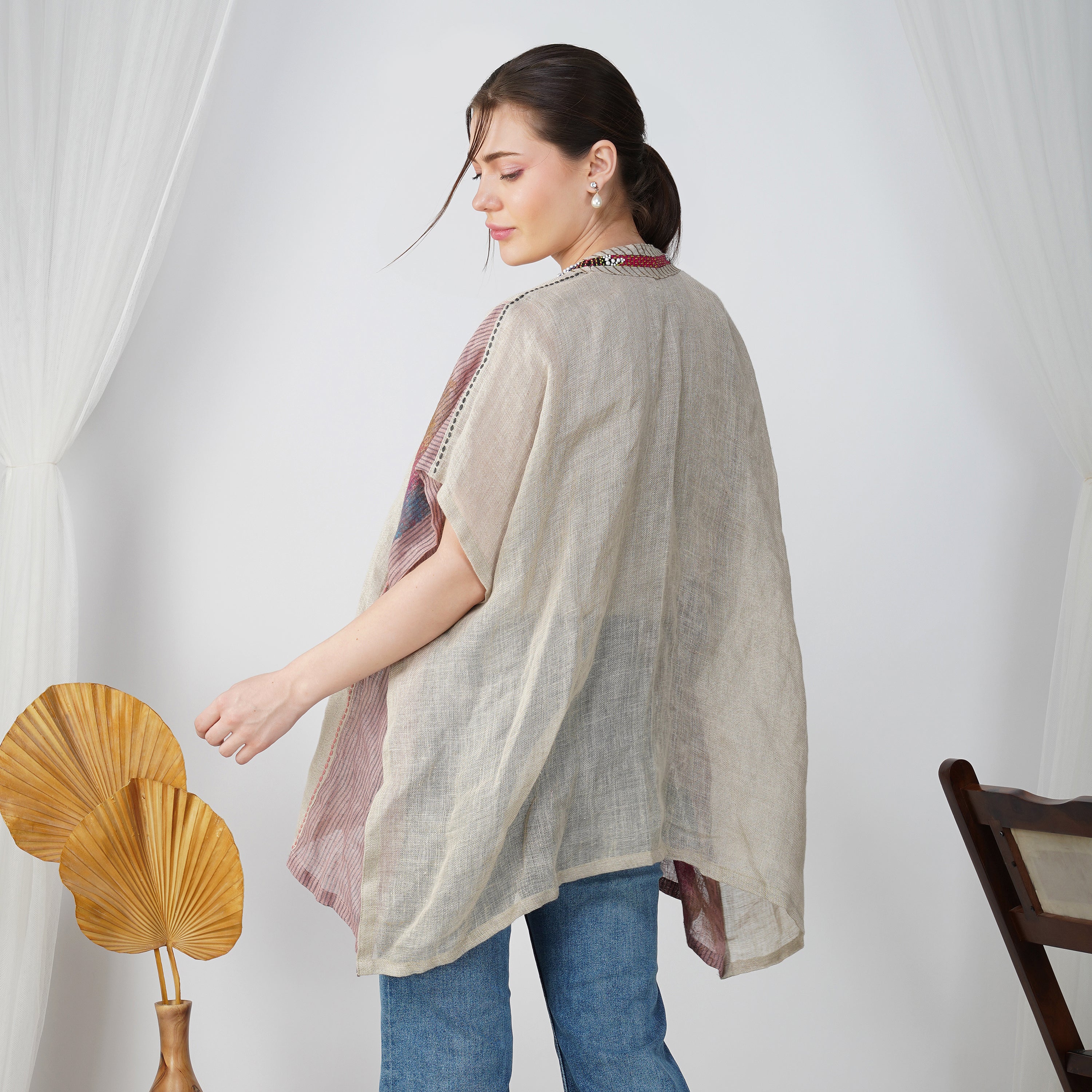 Pearl-Striped Shrug with Anchor Detailing  – Premium Handcrafted Linen Fashion | VIVIR