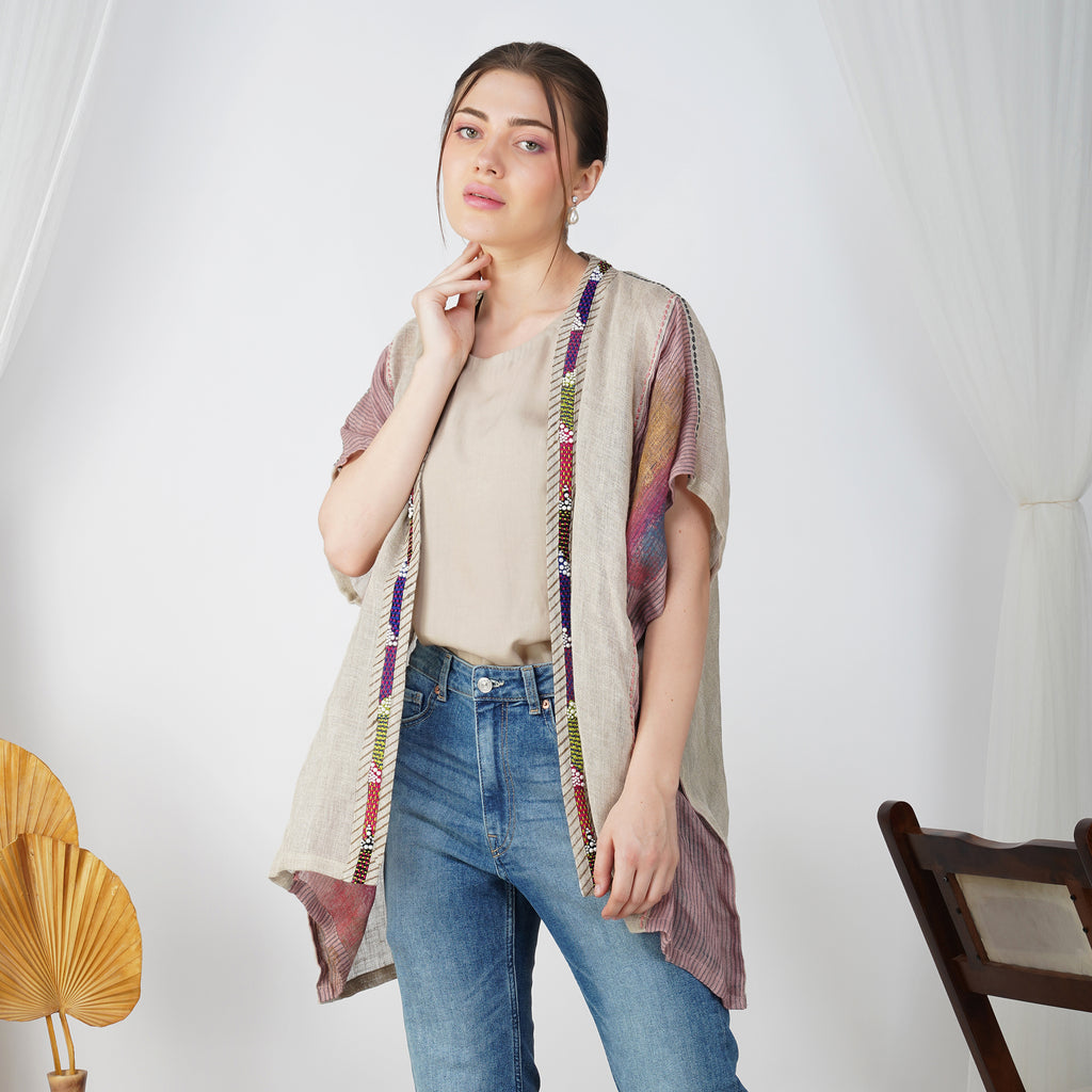 Pearl-Striped Shrug with Anchor Detailing  – Premium Handcrafted Linen Fashion | VIVIR