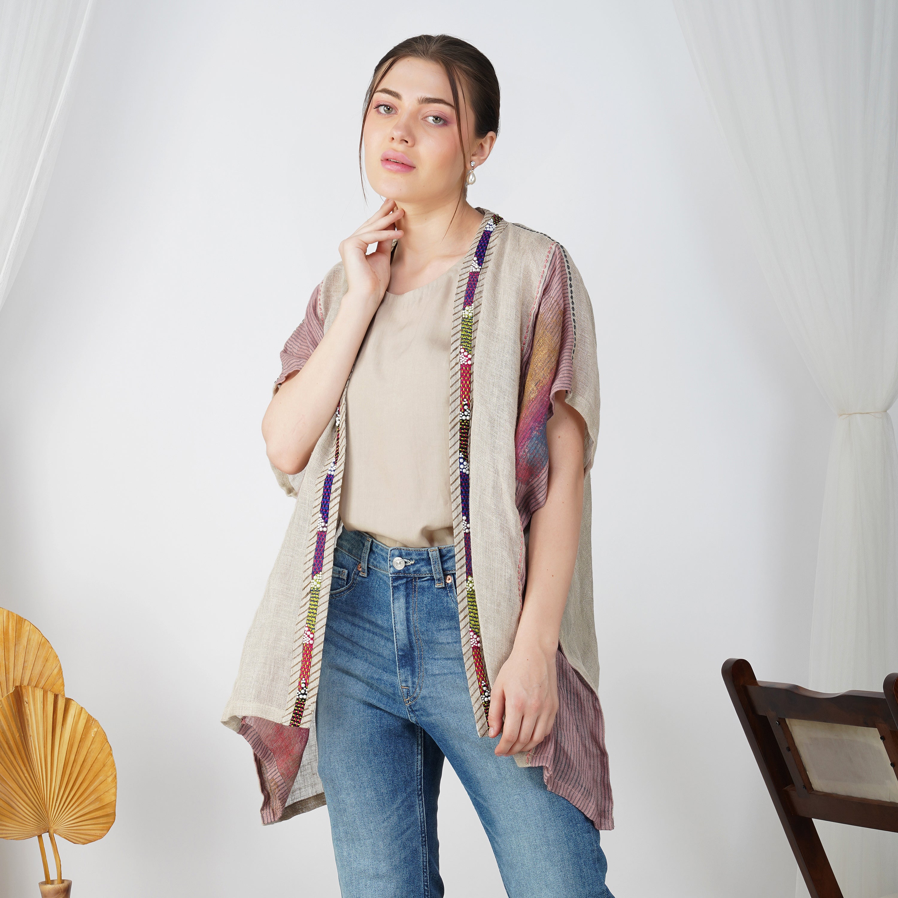 Pearl-Striped Shrug with Anchor Detailing  – Premium Handcrafted Linen Fashion | VIVIR