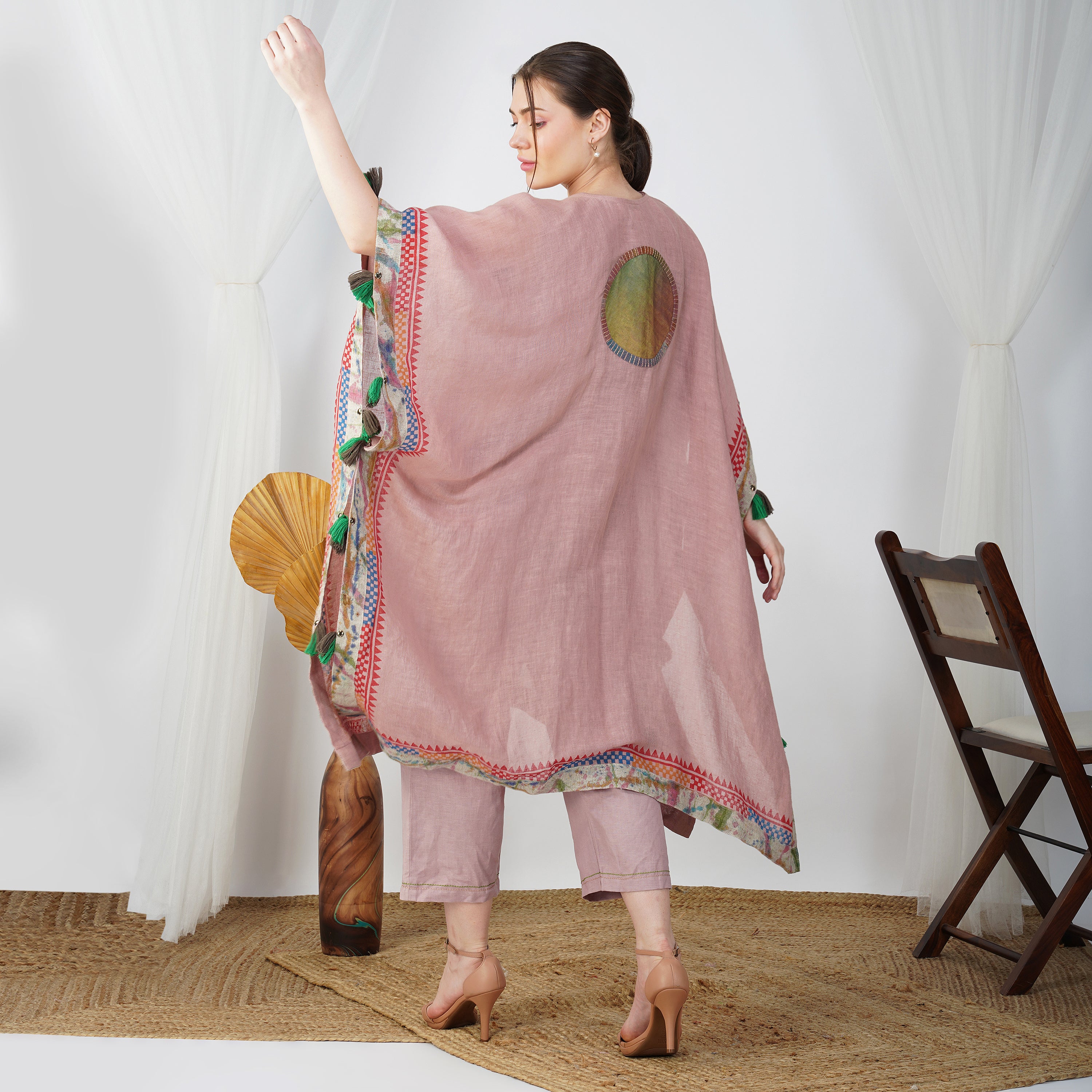 Circle Detailed Block Print Kaftan Dress Set | Handcrafted Linen Elegance | VIVIR