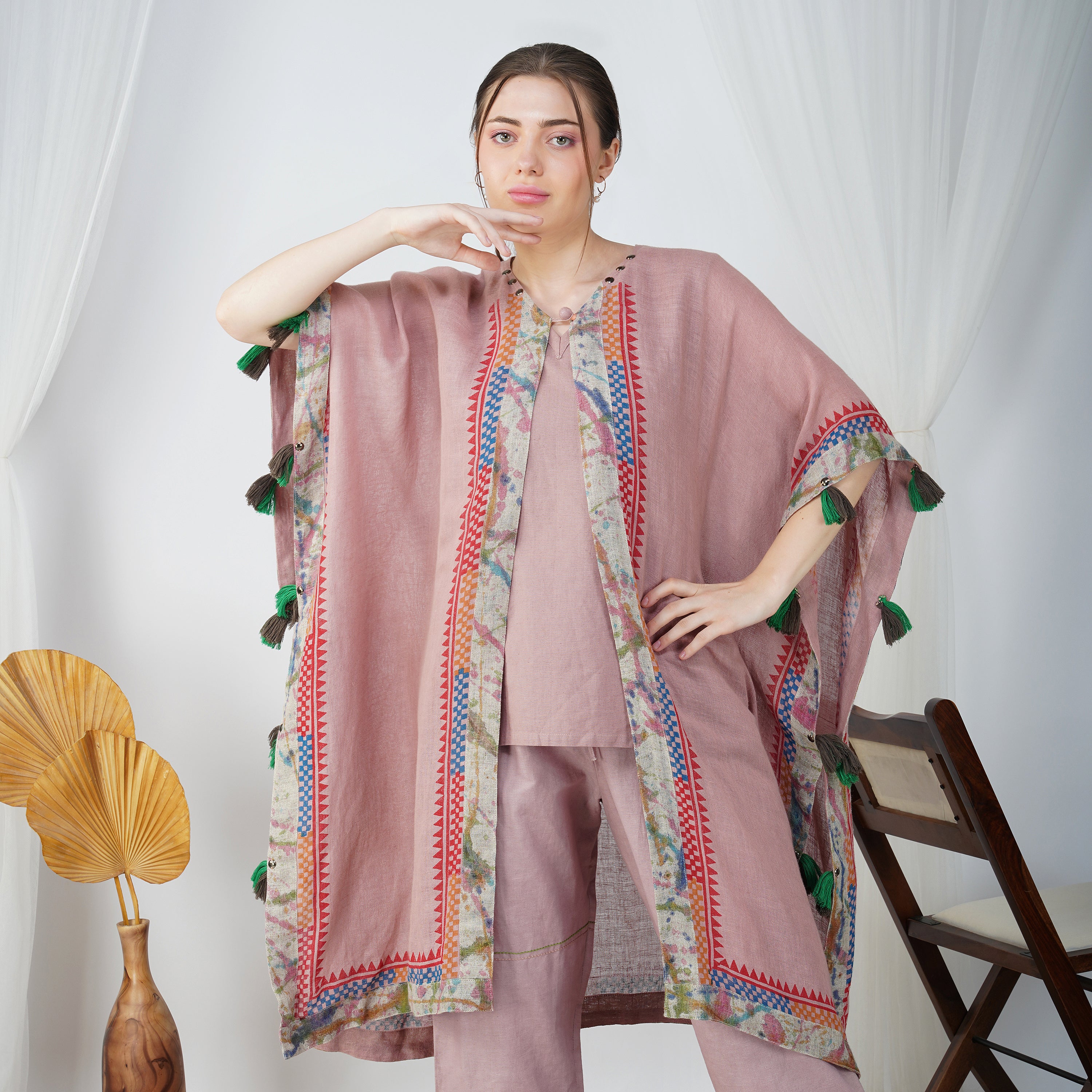 Circle Detailed Block Print Kaftan Dress Set | Handcrafted Linen Elegance | VIVIR