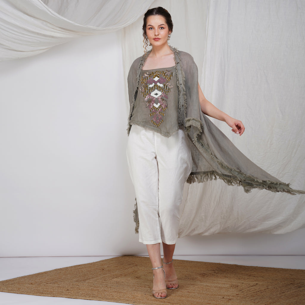 Fringed Shrug Set with Tube Inner – Stylish Handcrafted Linen | VIVIR