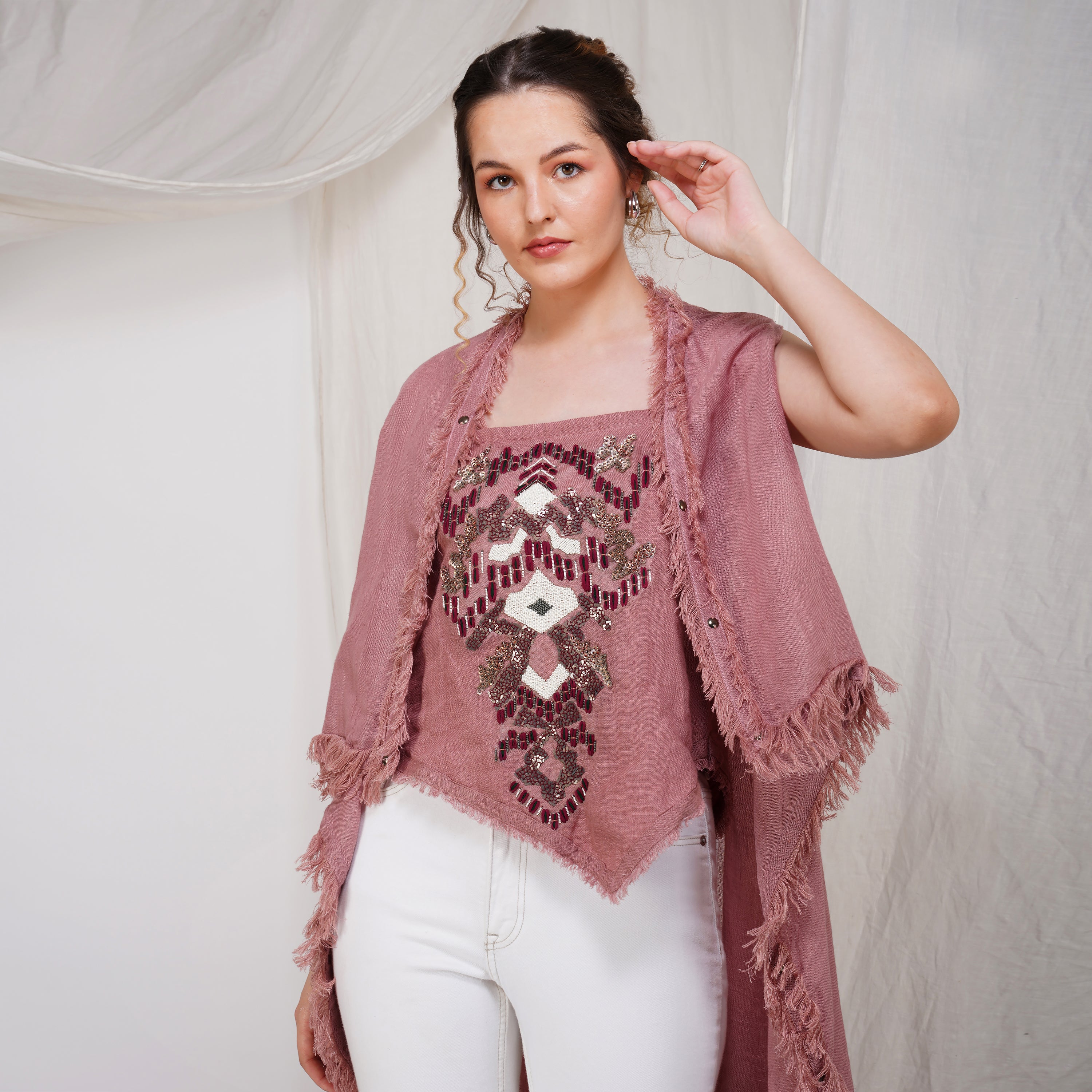Fringed Shrug Set with Tube Inner – Stylish Handcrafted Linen | VIVIR