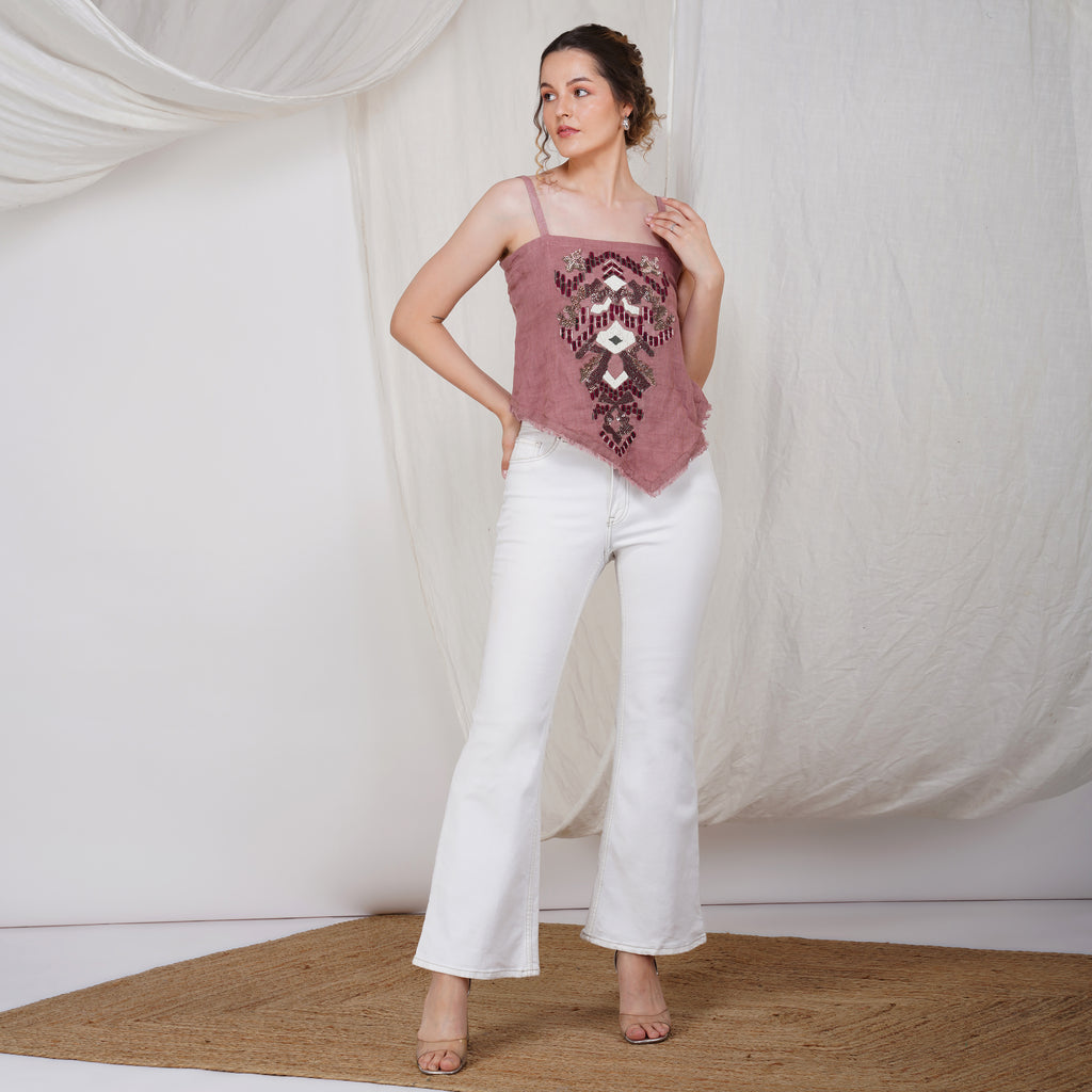 Fringed Shrug Set with Tube Inner – Stylish Handcrafted Linen | VIVIR