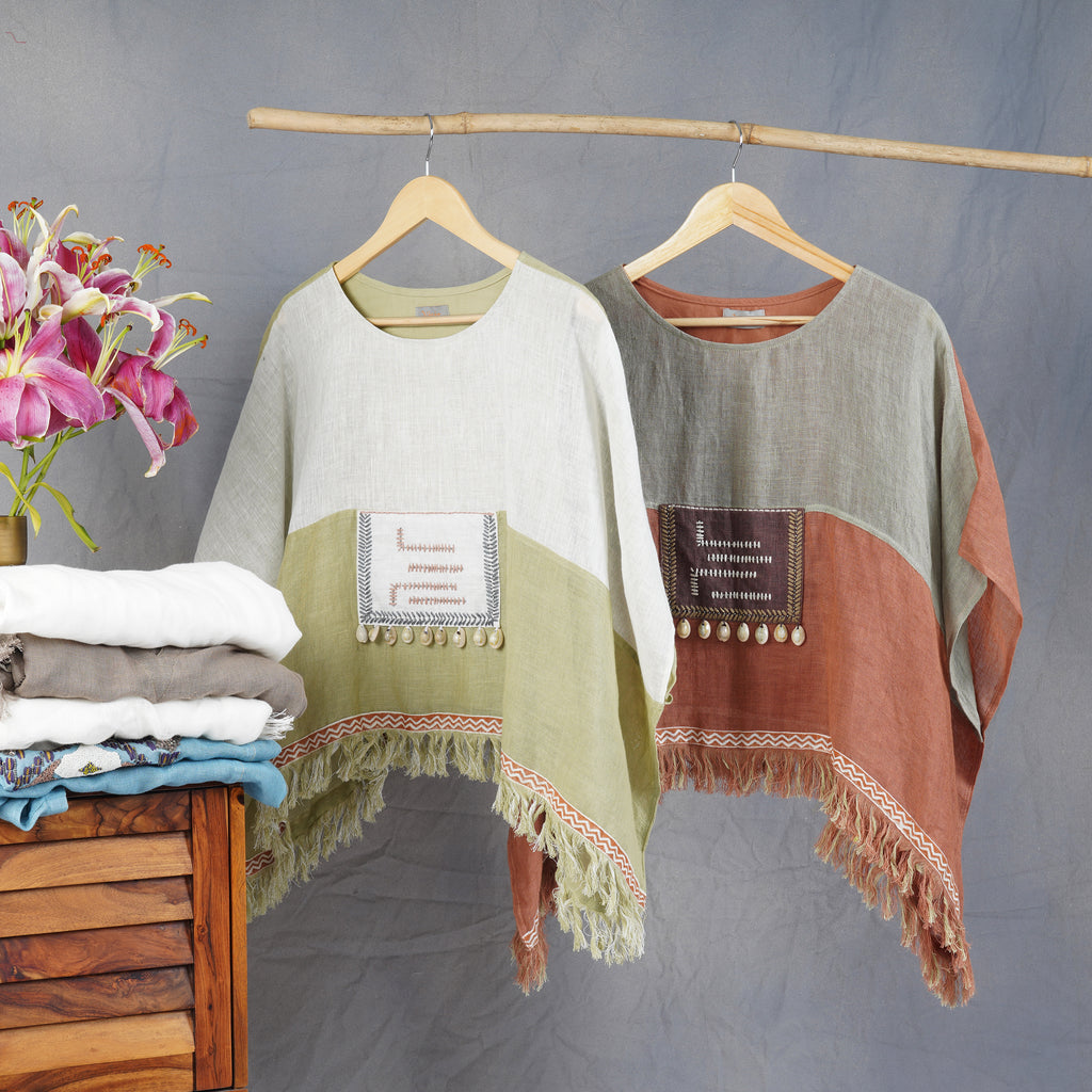 Sea Shell Embellished Multicolor Top – Handcrafted Linen Elegance | VIVIR
