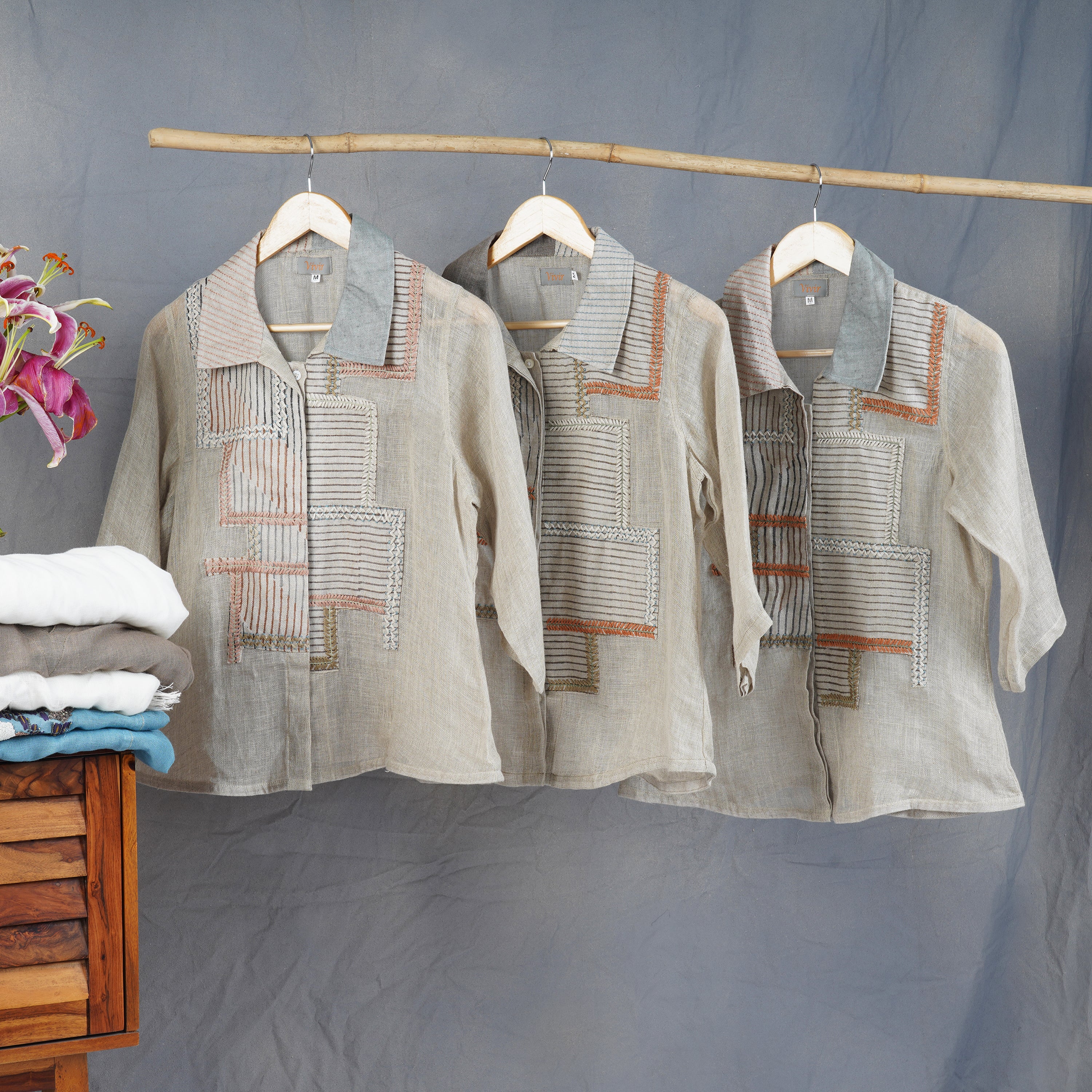 Lined Embroidery Striped Patchy Shirt