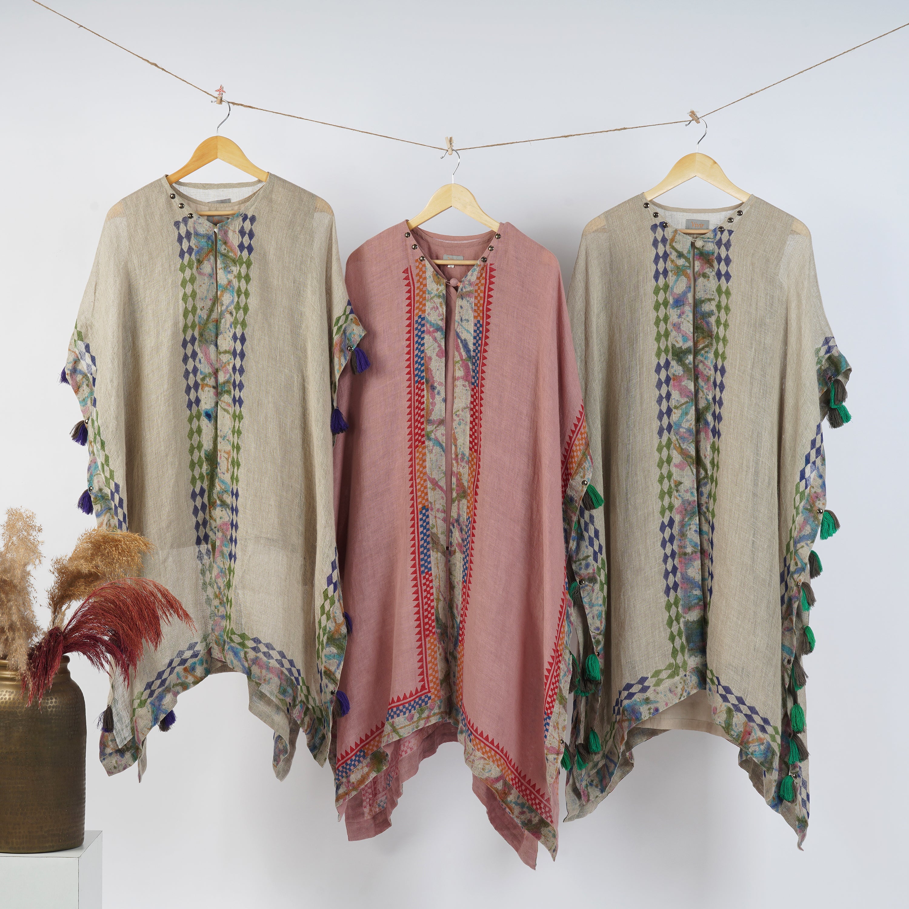 Circle Detailed Block Print Kaftan Dress Set | Handcrafted Linen Elegance | VIVIR