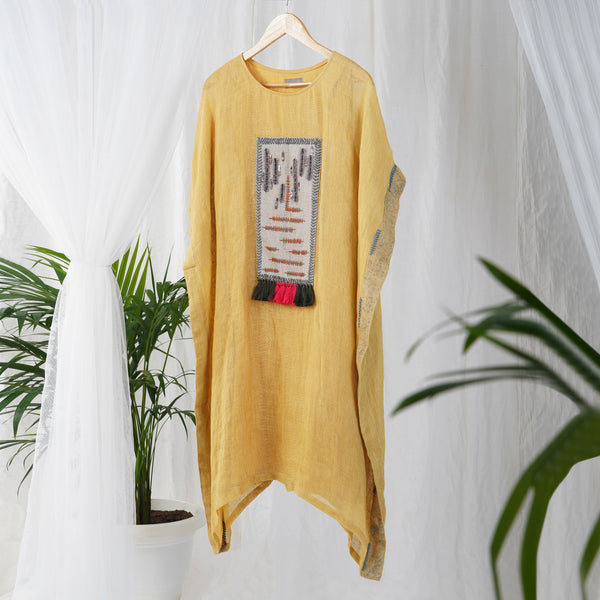 Long Patch Embroidery Kaftan Dress – Elegant Linen Wear | VIVIR