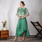 Dark Green Pearl-Embroidered Zardozi Cape with silk skirt front view