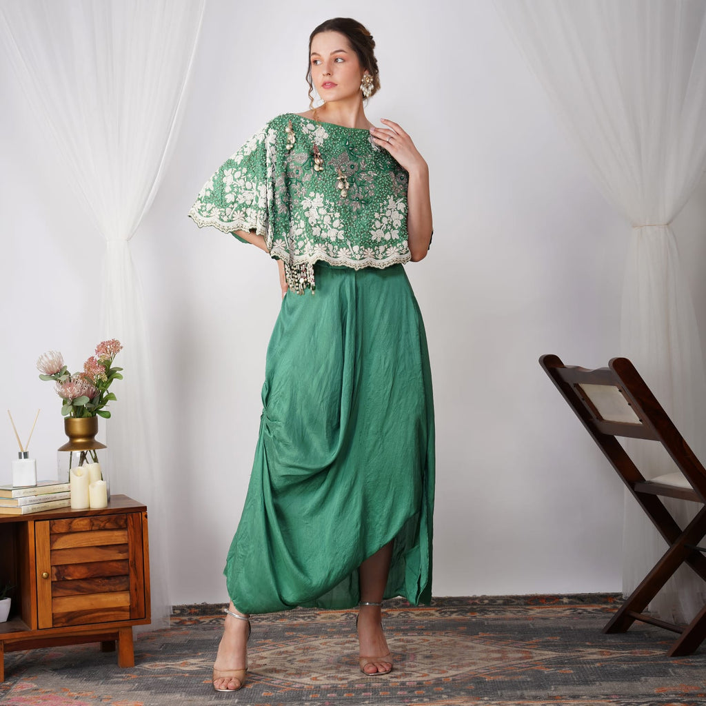 Dark Green Pearl-Embroidered Zardozi Cape with silk skirt full outfit