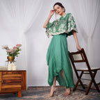 Dark Green Pearl-Embroidered Zardozi Cape side view with silk skirt