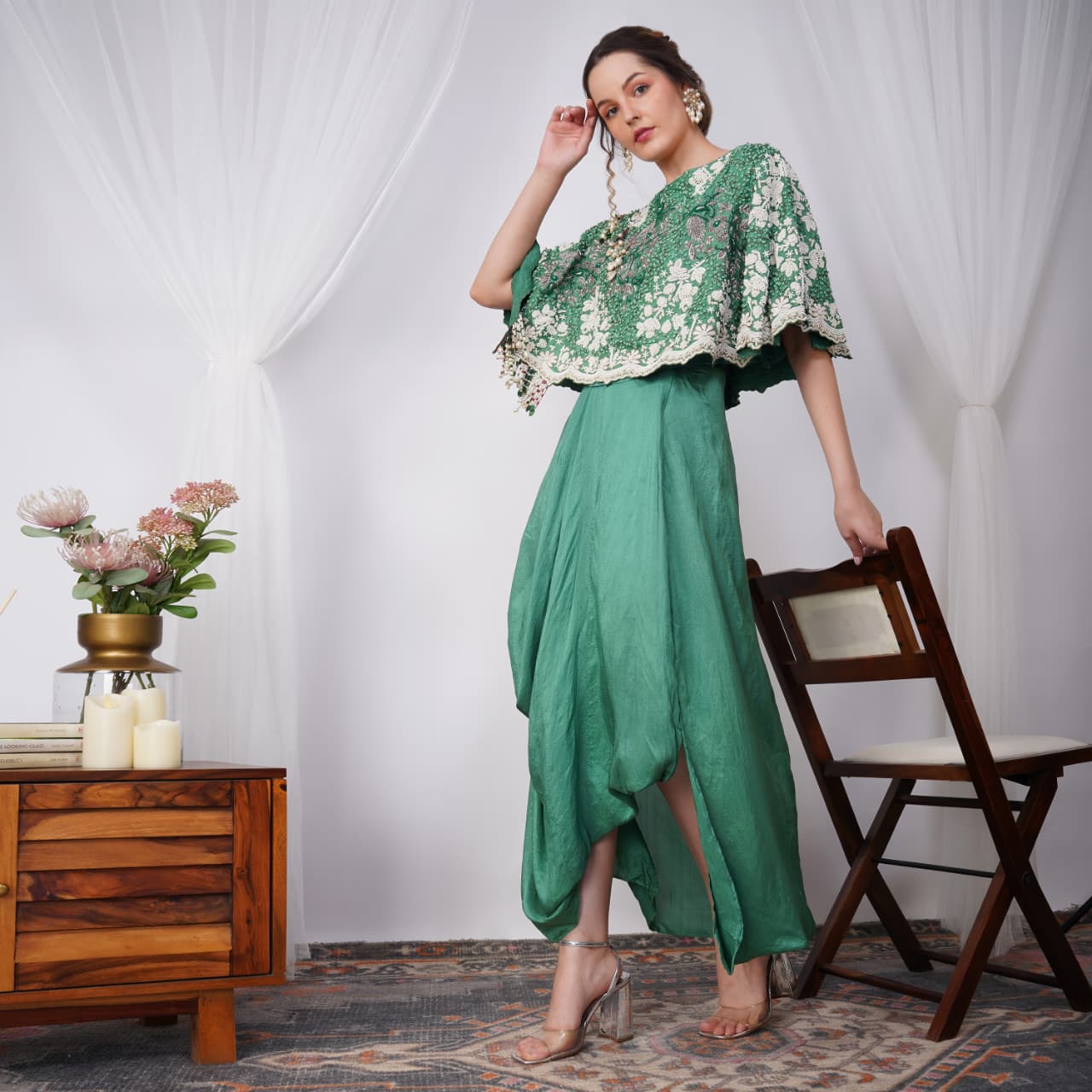 Dark Green Pearl-Embroidered Zardozi Cape side view with silk skirt