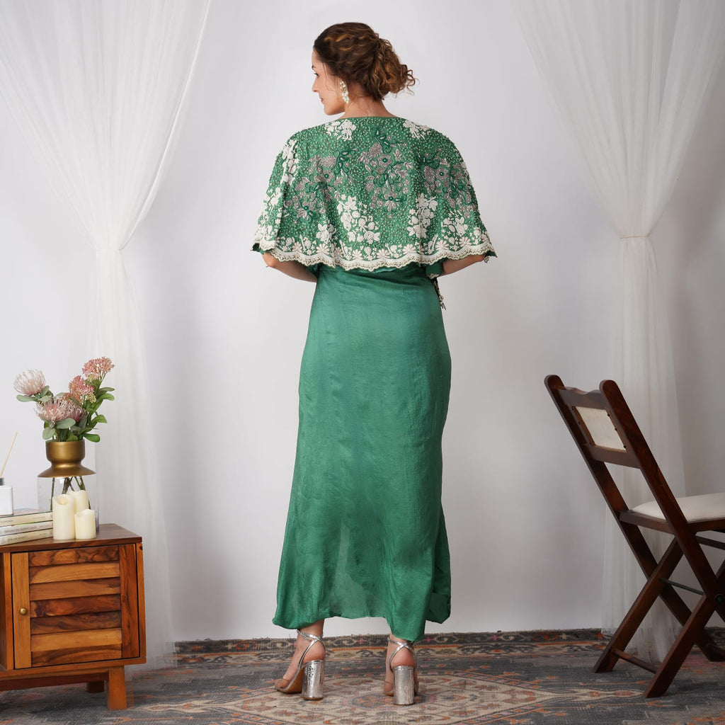 Back view of Dark Green Pearl-Embroidered Zardozi Cape with silk skirt