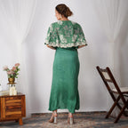 Back view of Dark Green Pearl-Embroidered Zardozi Cape with silk skirt