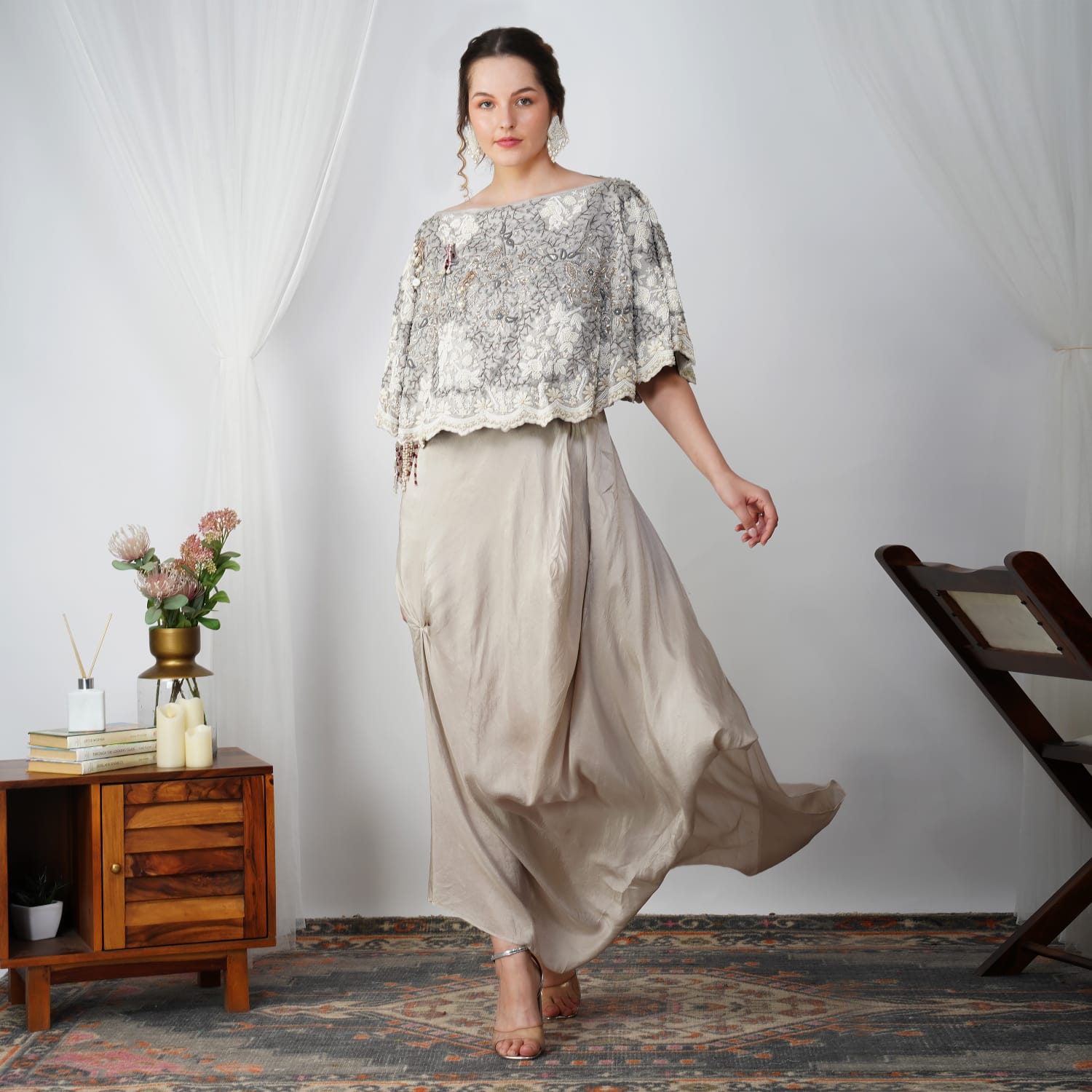 Ivory Pearl-Embroidered Zardozi Cape with silk skirt front view