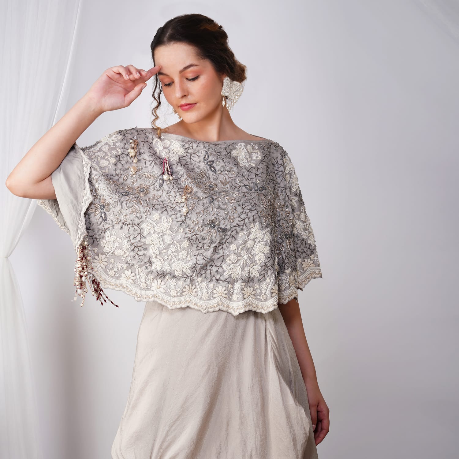 Ivory Pearl-Embroidered Zardozi Cape with silk skirt full outfit