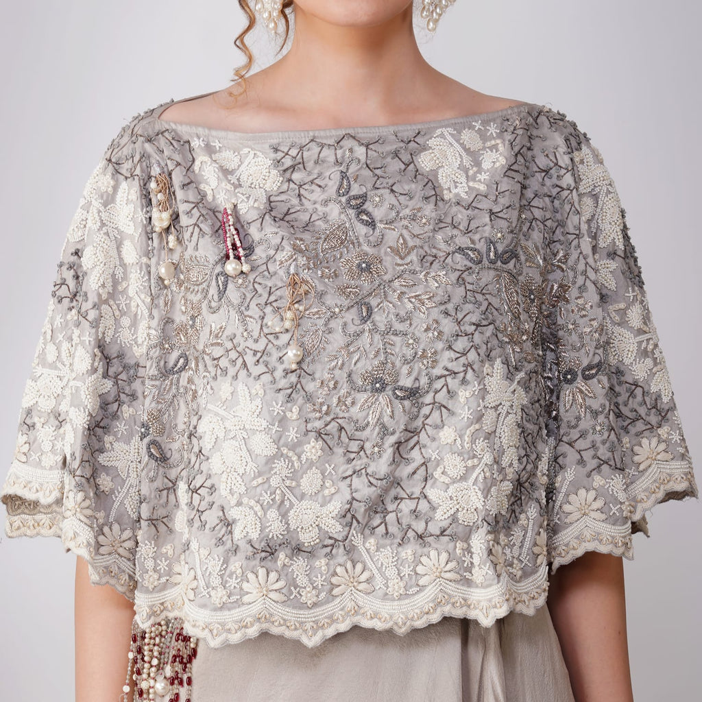Close-up of Ivory Pearl-Embroidered Zardozi Cape detailing