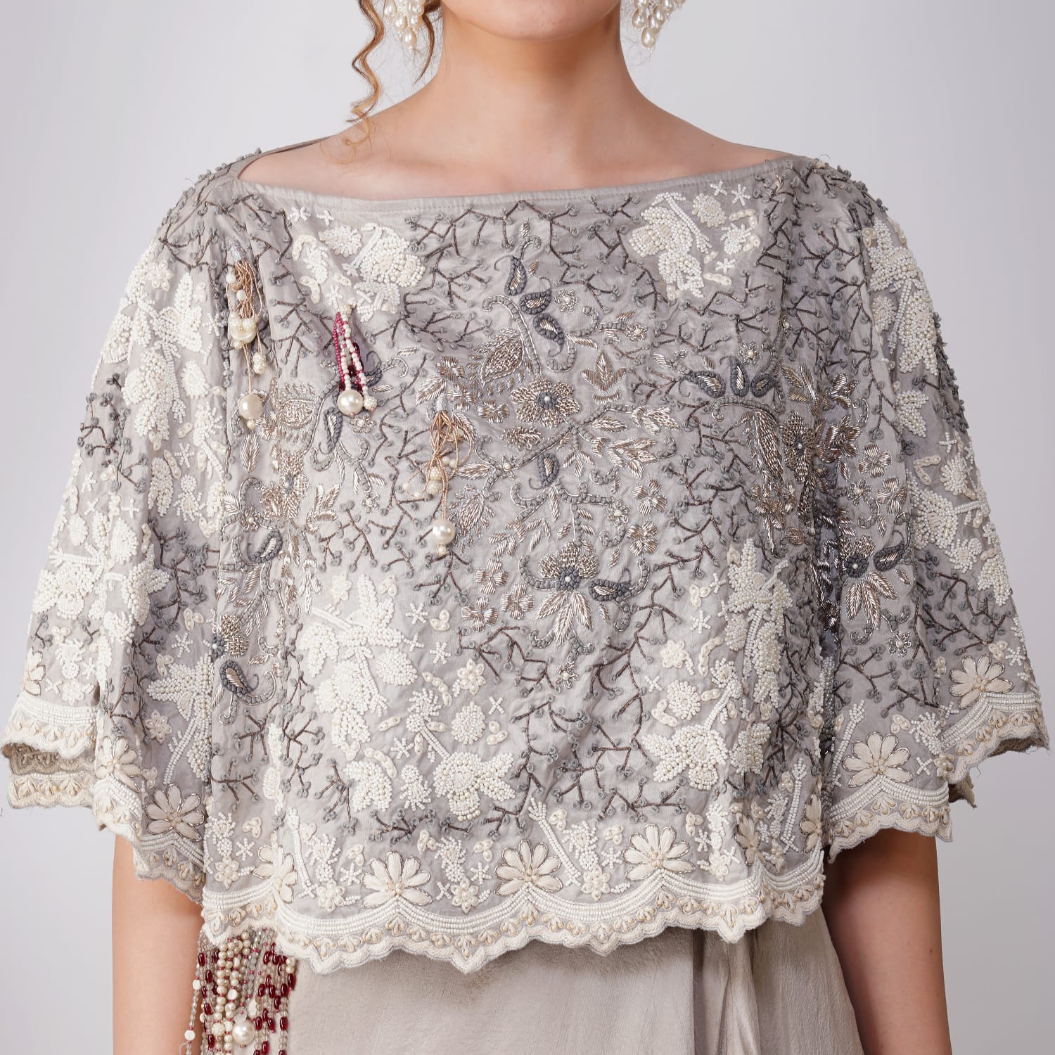 Close-up of Ivory Pearl-Embroidered Zardozi Cape detailing