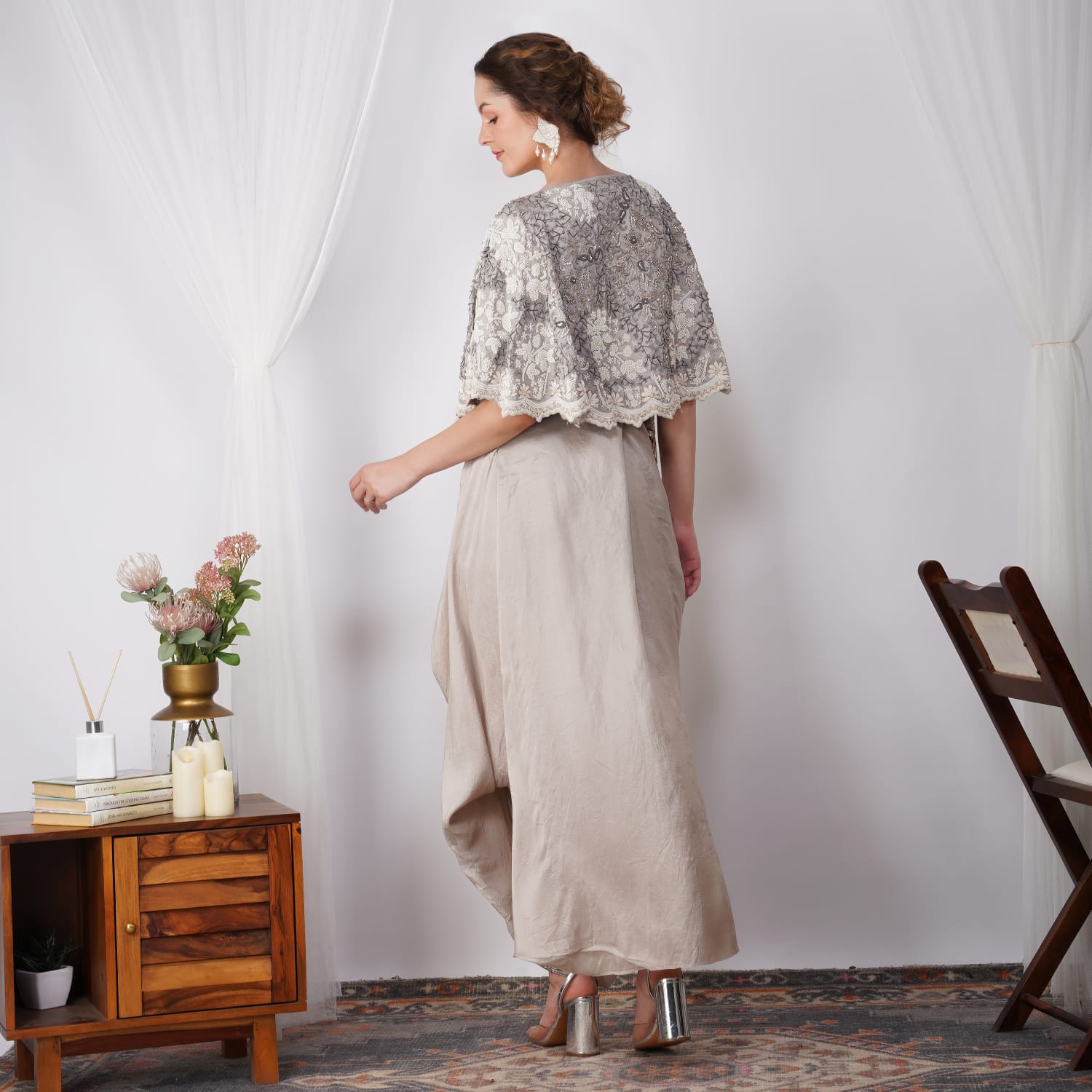 Back view of Ivory Pearl-Embroidered Zardozi Cape with silk skirt