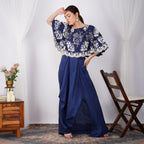 Navy Pearl-Embroidered Zardozi Cape with silk skirt front view