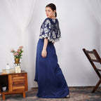 Back view of Navy Pearl-Embroidered Zardozi Cape with silk skirt