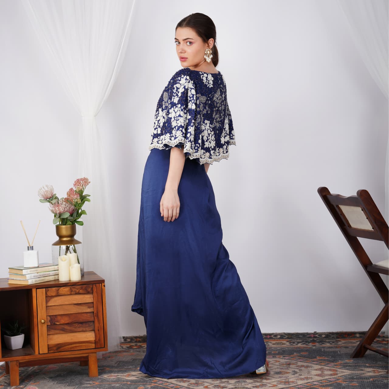 Back view of Navy Pearl-Embroidered Zardozi Cape with silk skirt