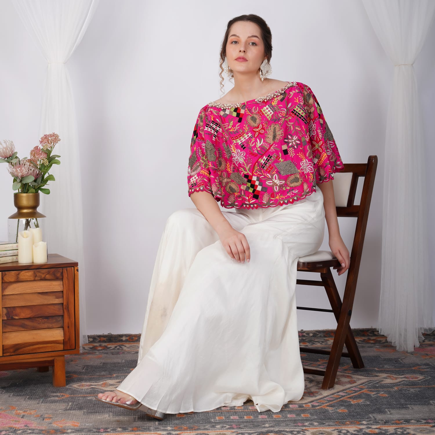 Pink silk Zardosi cape and white skirt set for festive wear
