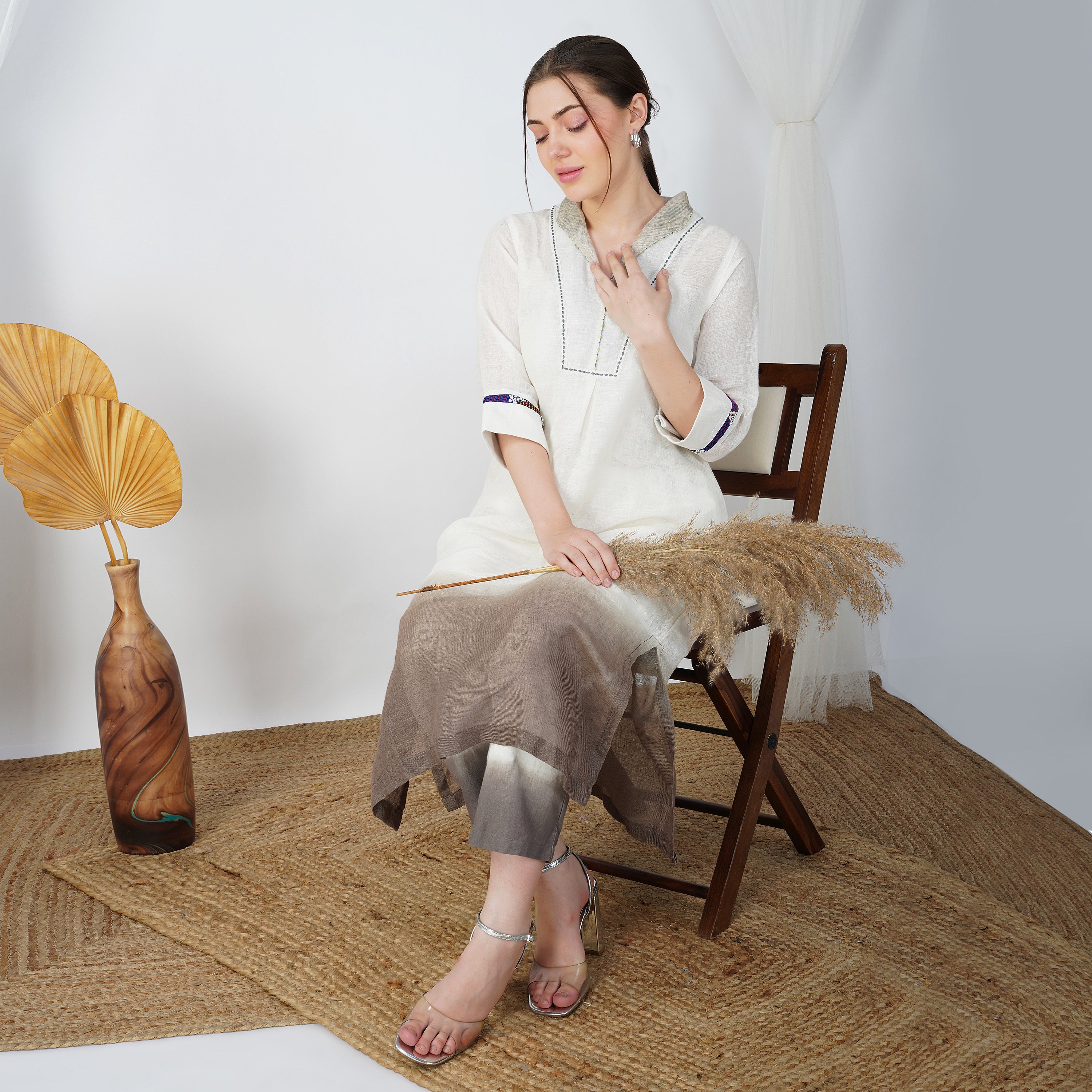 Double Shaded Tunic with Foil & Beads – Elegant Handcrafted Linen | VIVIR