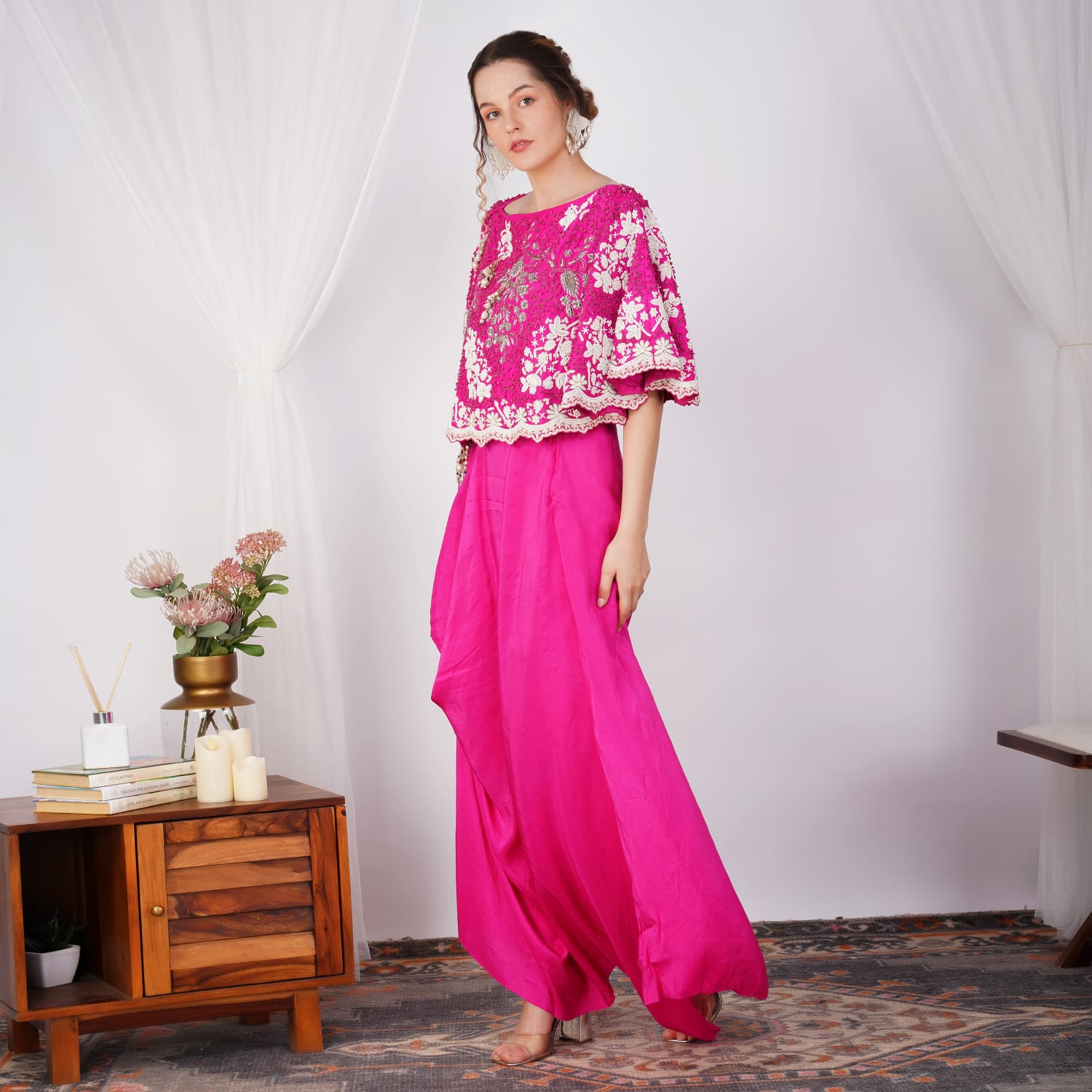 Fusia Pink Pearl-Embroidered Zardozi Cape