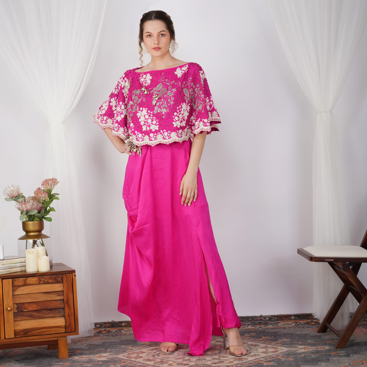 Fusia Pink Pearl-Embroidered Zardozi Cape