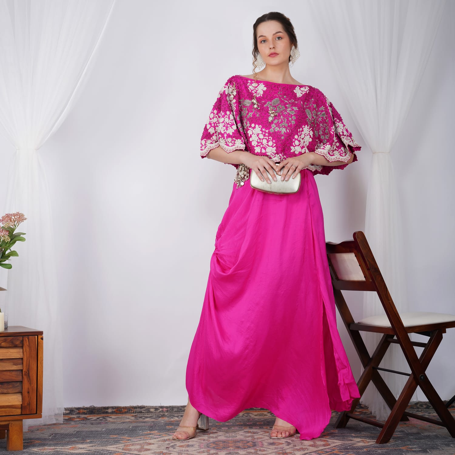Fusia Pink Pearl-Embroidered Zardozi Cape