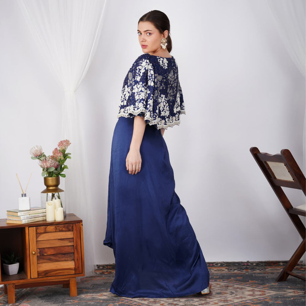 Navy Pearl-Embroidered Zardozi Cape
