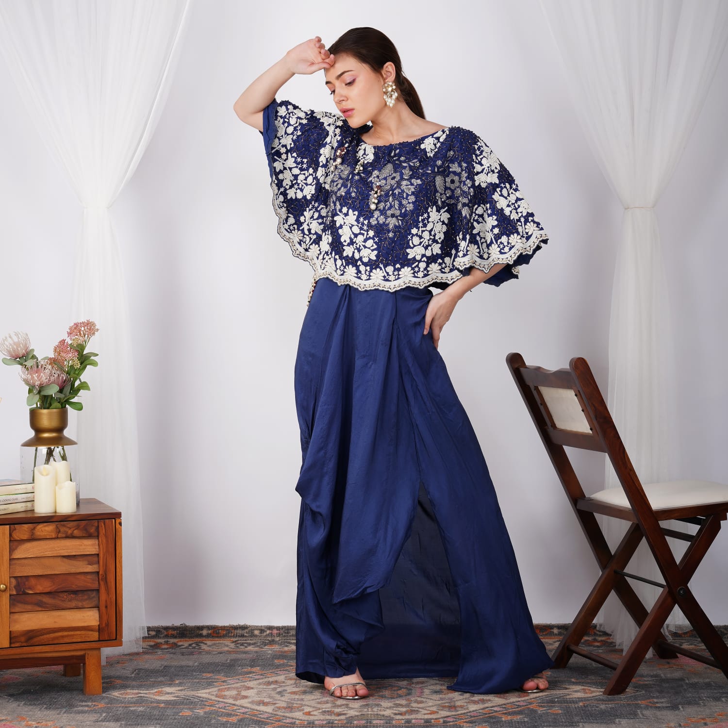Navy Pearl-Embroidered Zardozi Cape