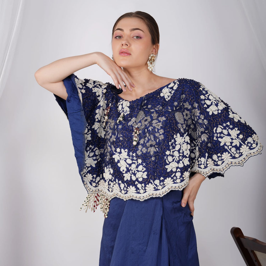 Navy Pearl-Embroidered Zardozi Cape