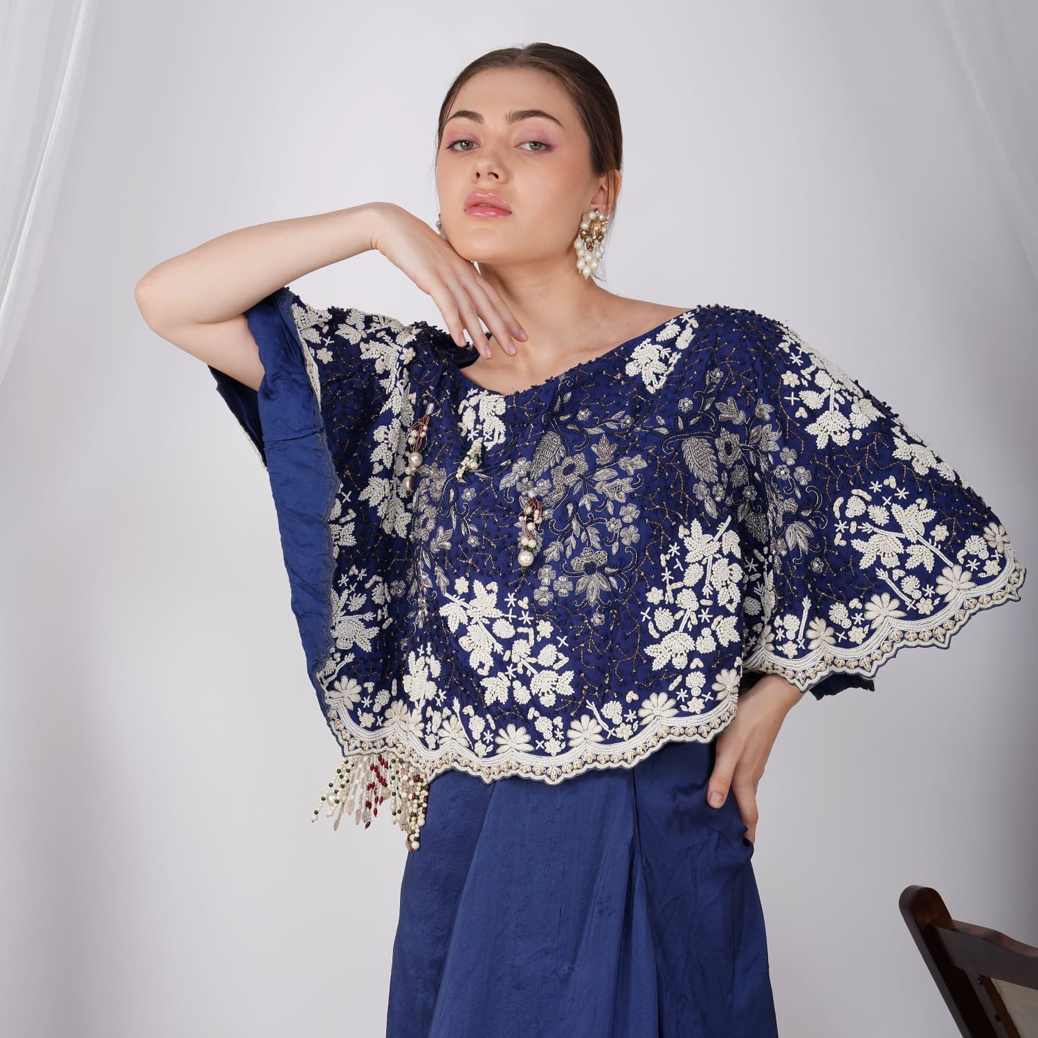 Navy Pearl-Embroidered Zardozi Cape