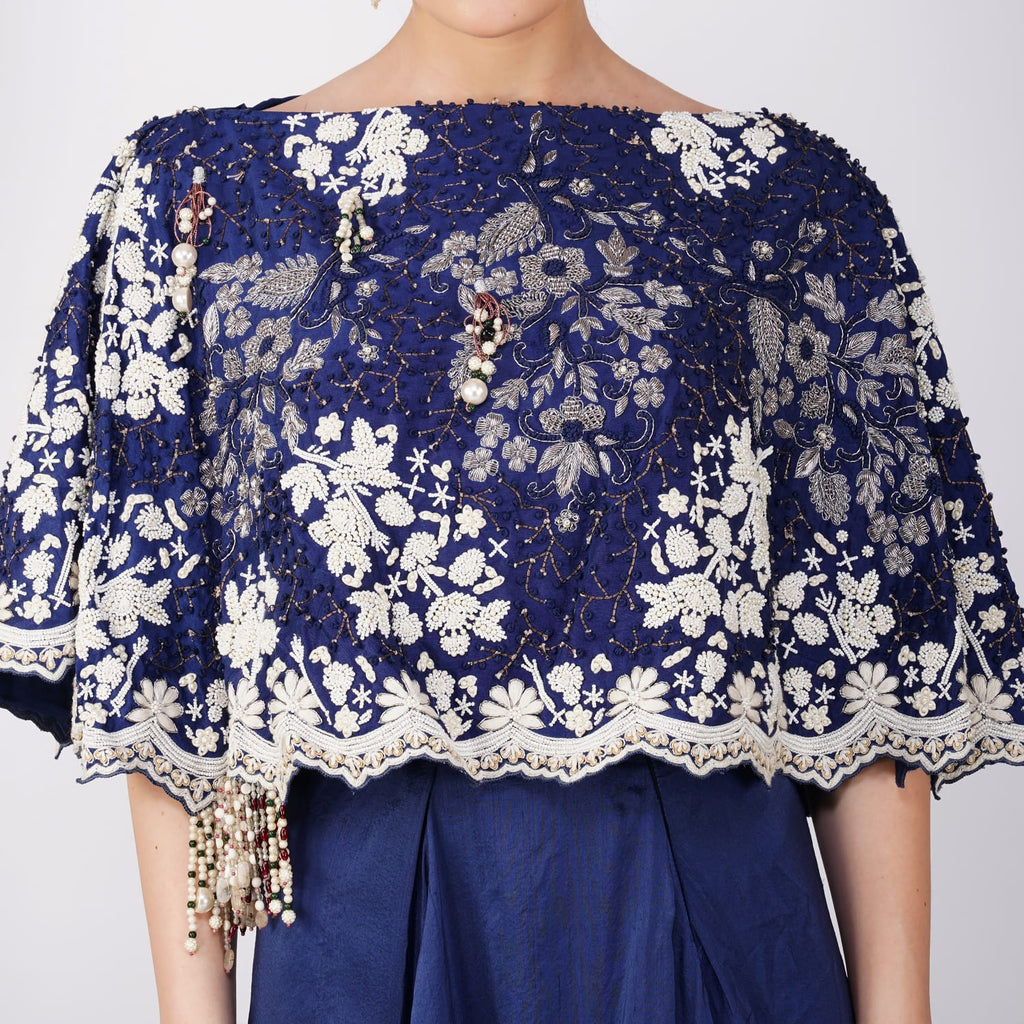 Navy Pearl-Embroidered Zardozi Cape