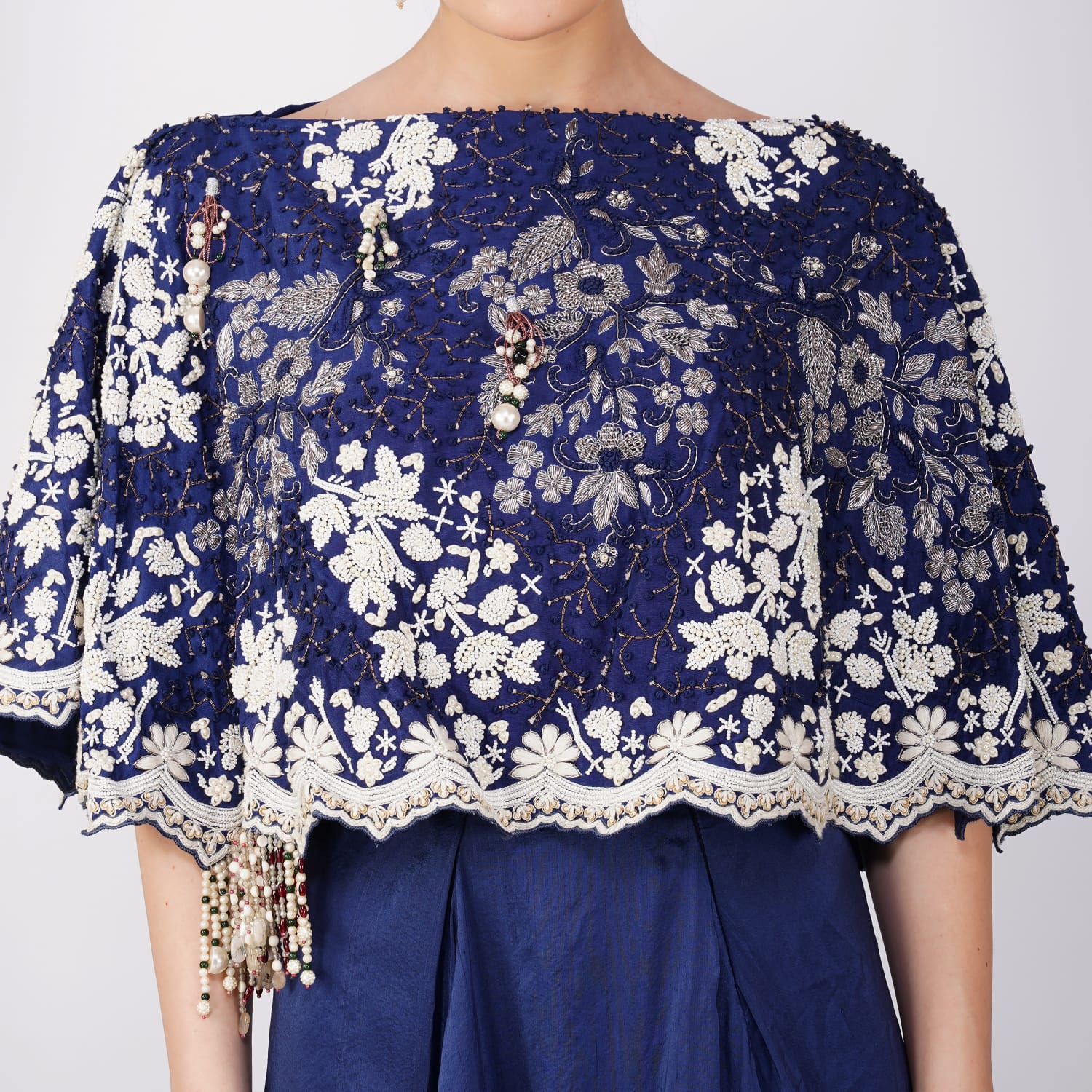 Navy Pearl-Embroidered Zardozi Cape